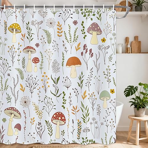 Miniatura 9 de DYNH Bonita cortina de ducha de hongos, cortina de bañera con hojas verdes botánicas florales bohemias, flores retro, decoración de baño con