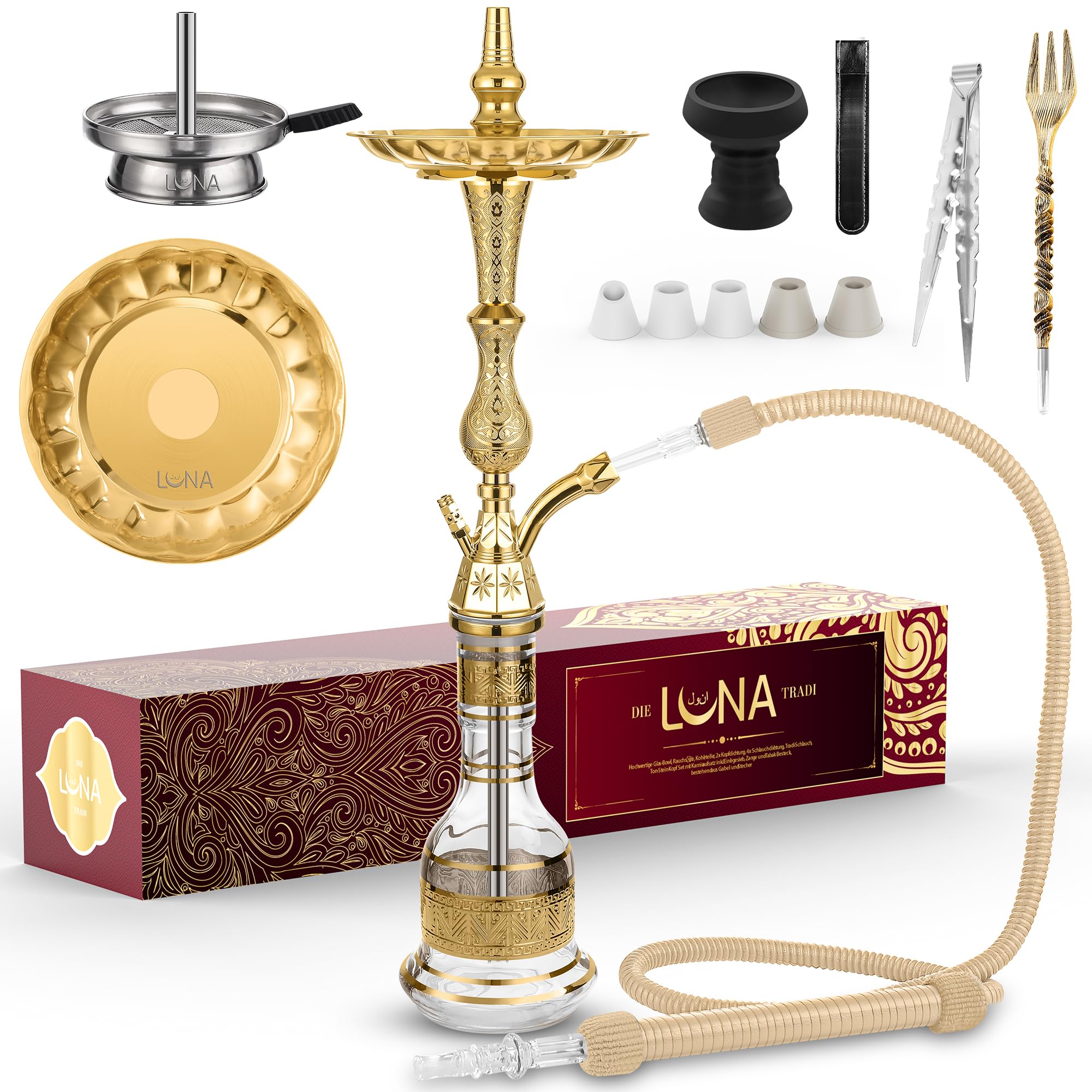 Luna Tradycyjna fajka wodna Hookah kompletny zestaw, wysokiej jakości metal cynk, akcesoria z kamienną główką, wąż ze skóry bydlęcej z ustnikiem, nasadką kominkową, szczypcami, widelcem, Przezroczysty