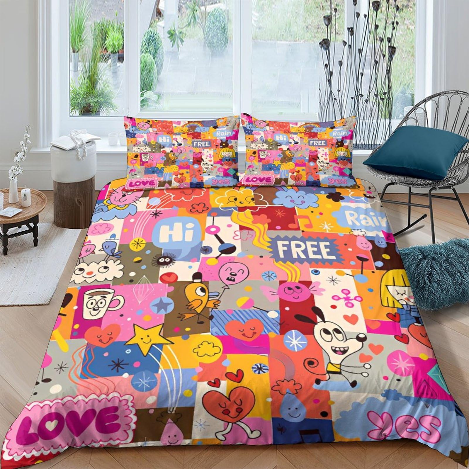 Housse de couette dessin animé 200x200 cm en microfibre avec deux taies d'oreiller