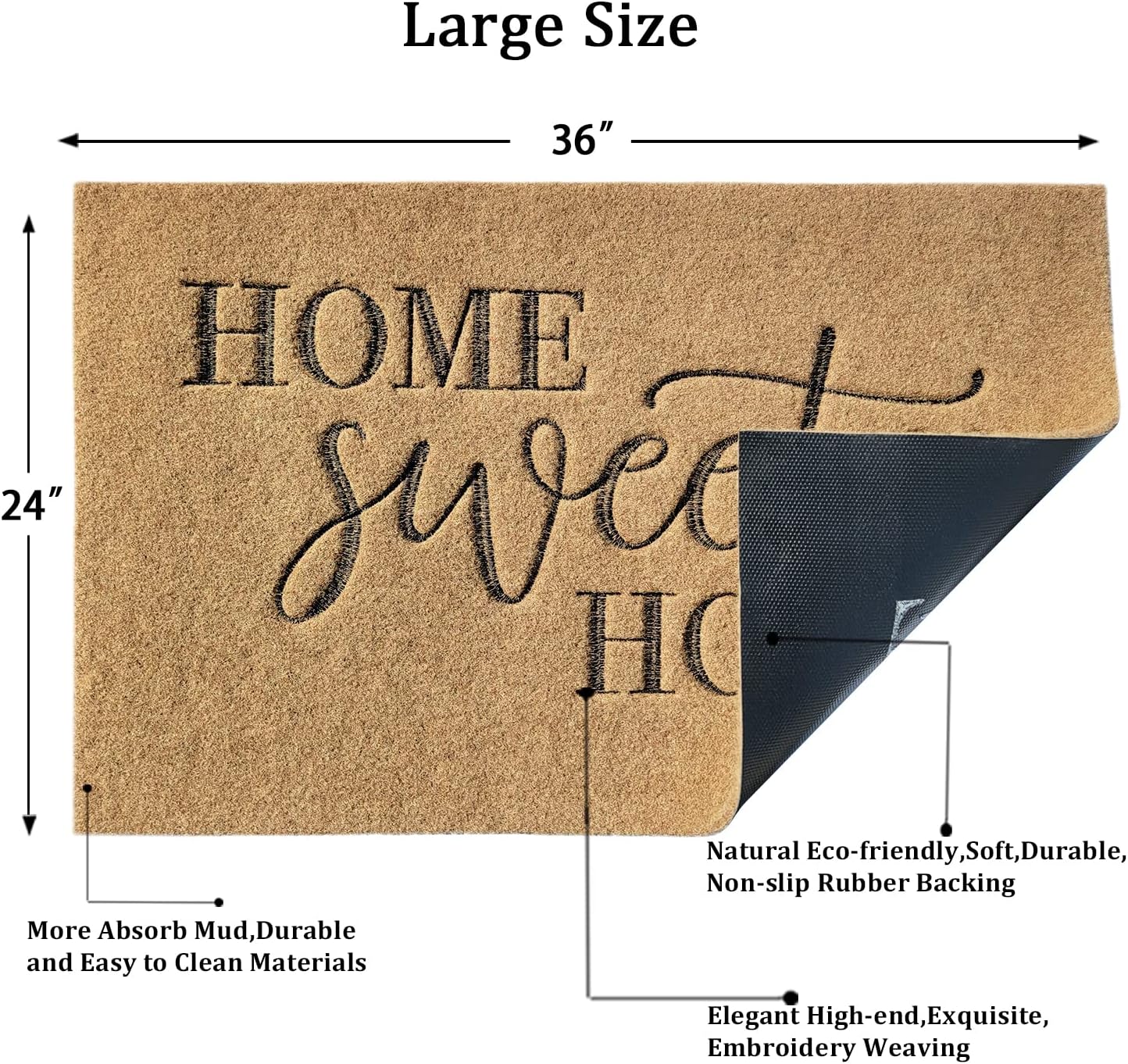 AAZZKANG Brown Welcome Mats for Front Door Large Home Sweet Home Doormat 36"x24" Outdoor Indoor Non Slip Mat with Rubber Backing Easy to Clean Entry Door Mat