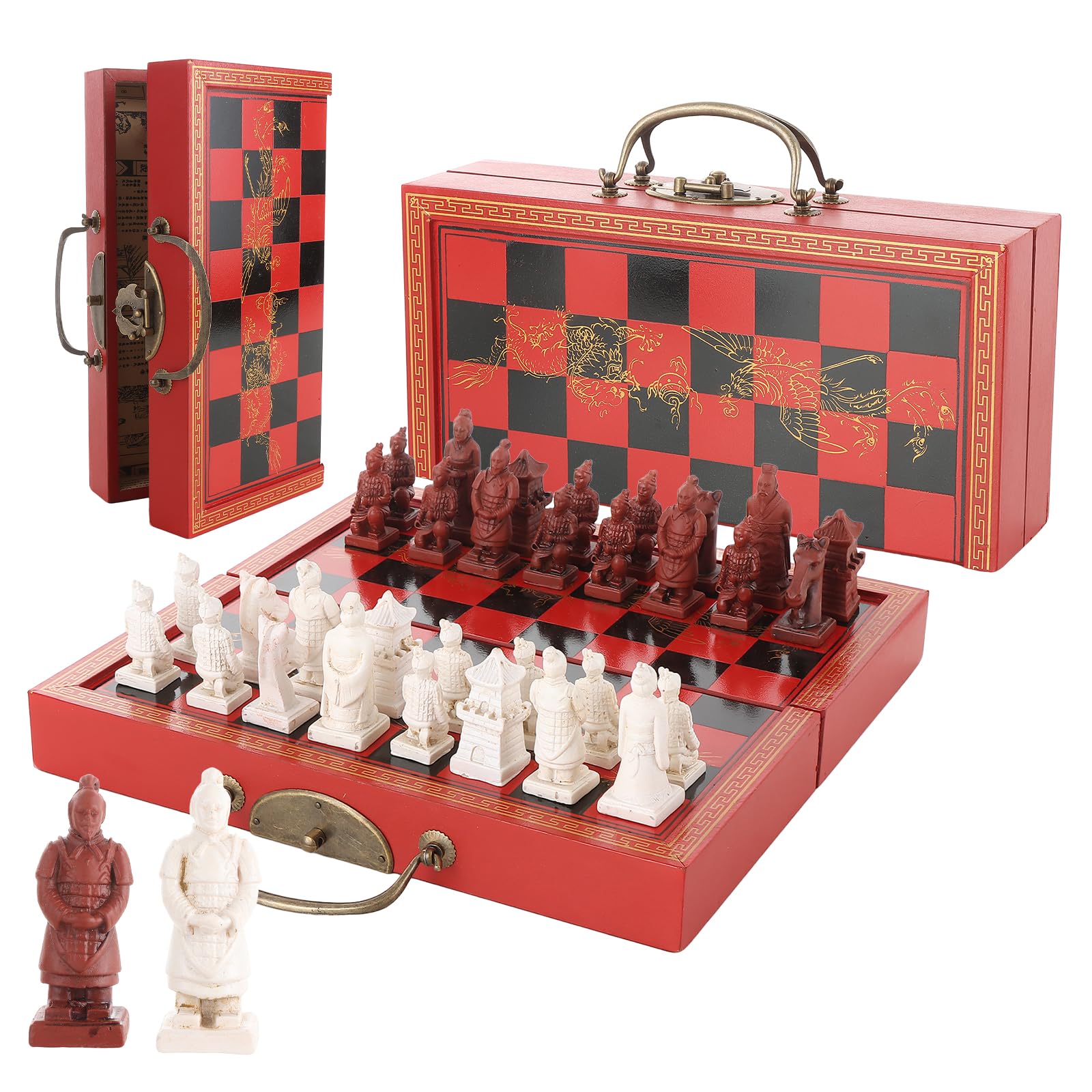 Ghligna Chess Set for Adults, Wooden Folding Travel Chess Board 21x21cm - Handcrafted Portable Design with Terracotta Army Resin Pieces, Unique Gift for History & Craft Lovers