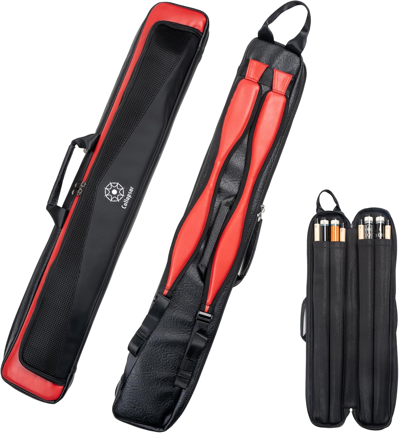 Collapsar Pool Cue Case 4x4 Pool Stick Case Holds 4 Butts and 4 Shafts Billiard Stick Bag with Large Accessories Pockets Soft Padded backpack carrying Pool Cue Cases