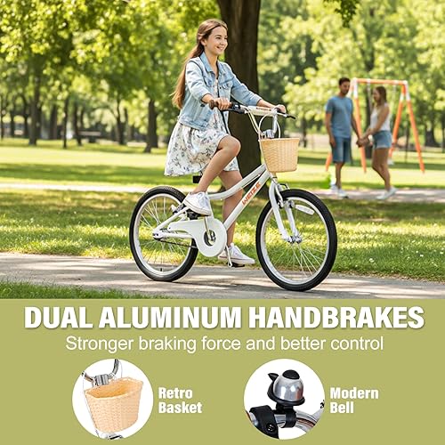 Miniatura 3 de WEIZE Girls Bike for 6-12 Years Old, 20 Inch Kids Bike with Basket and Kickstand, Retro Style Childrens Bicycle for Teen Girls, Lightweight Steel