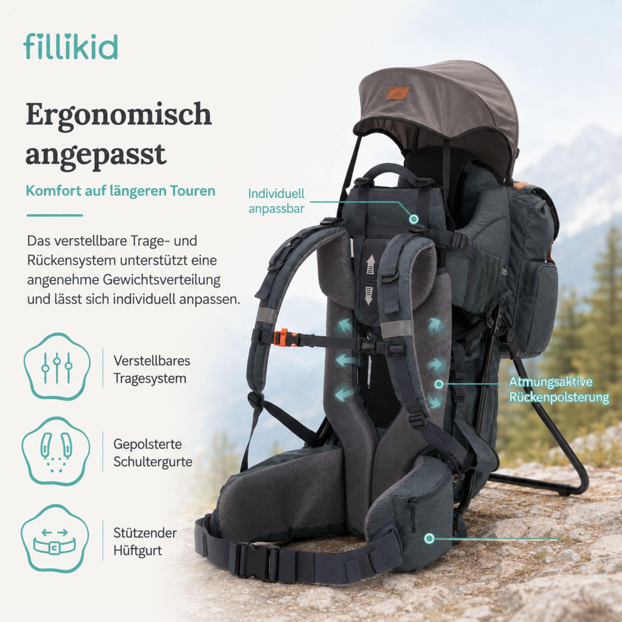 Fillikid Premium Babytrage Rückentrage Baby | Rücken Babytrage mit Sonnendach & großen Staufächern | Kraxe zum Wandern mit Baby Kleinkind | Tragesitz bis 20 kg | Kindertrage Ultra leicht