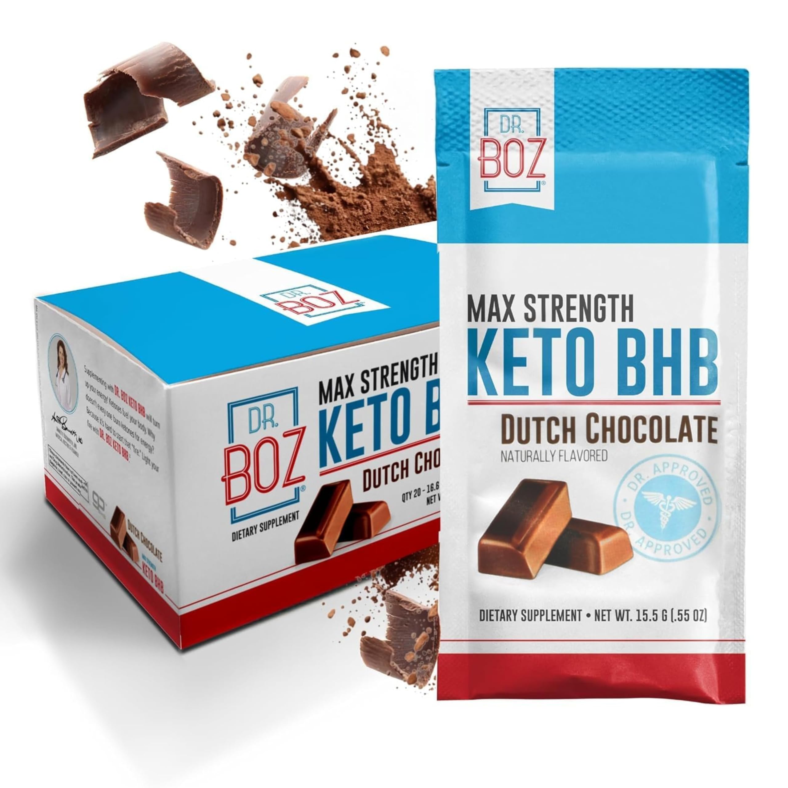 Dr. Boz - Keto BHB Powder - Dutch Chocolate, 20 Sachets - Increase Energy & Reduce Cravings - Max Strength Dietary Supplement - USA Made - 11.7oz (332g)