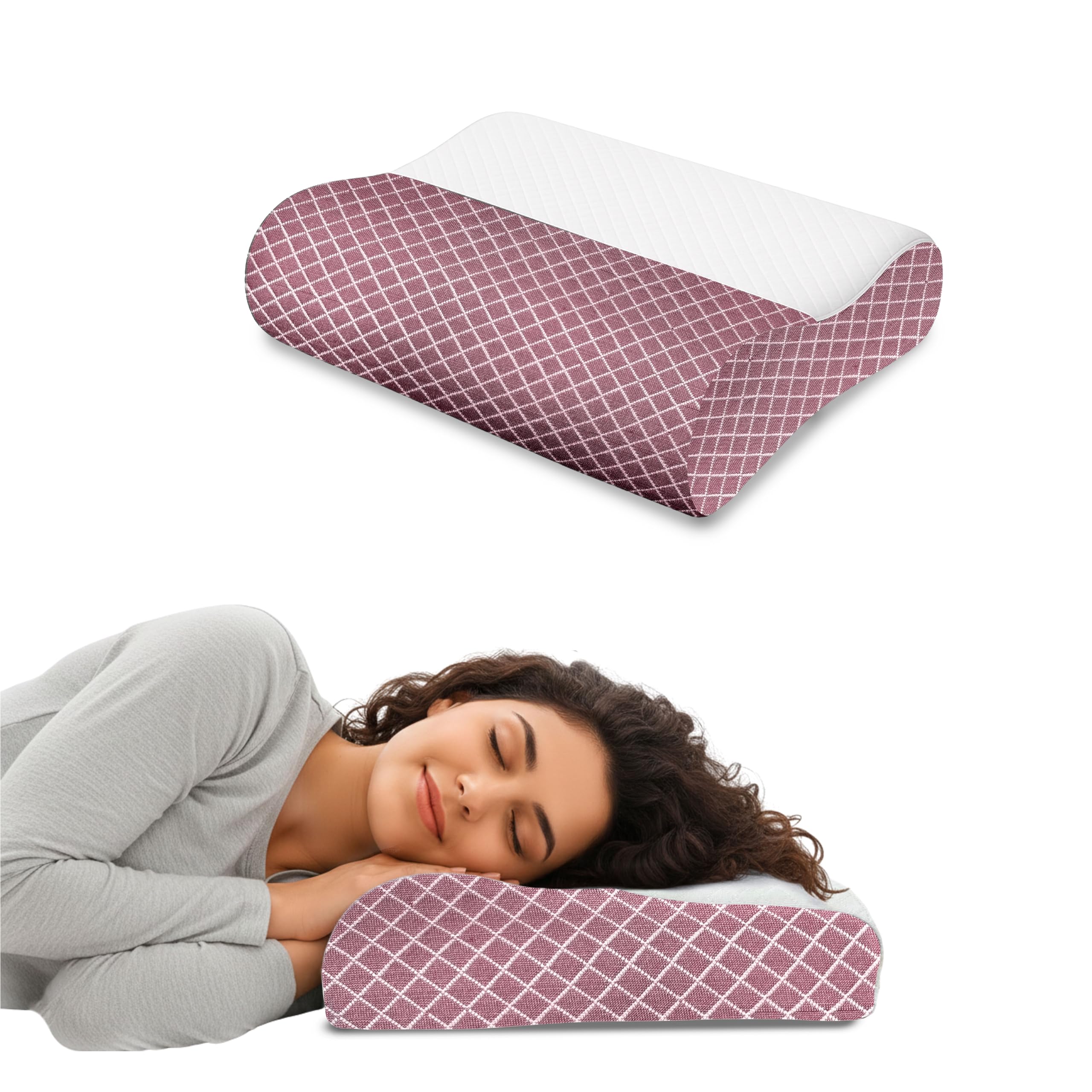 Memory Foam Pillow, Orthopedic Cervical Contour Breathable Design, Ergonomic Wave Cushion for Neck and Shoulder Support, Soft Washable Case, 6cm & 9cm Dual Height, Maroon