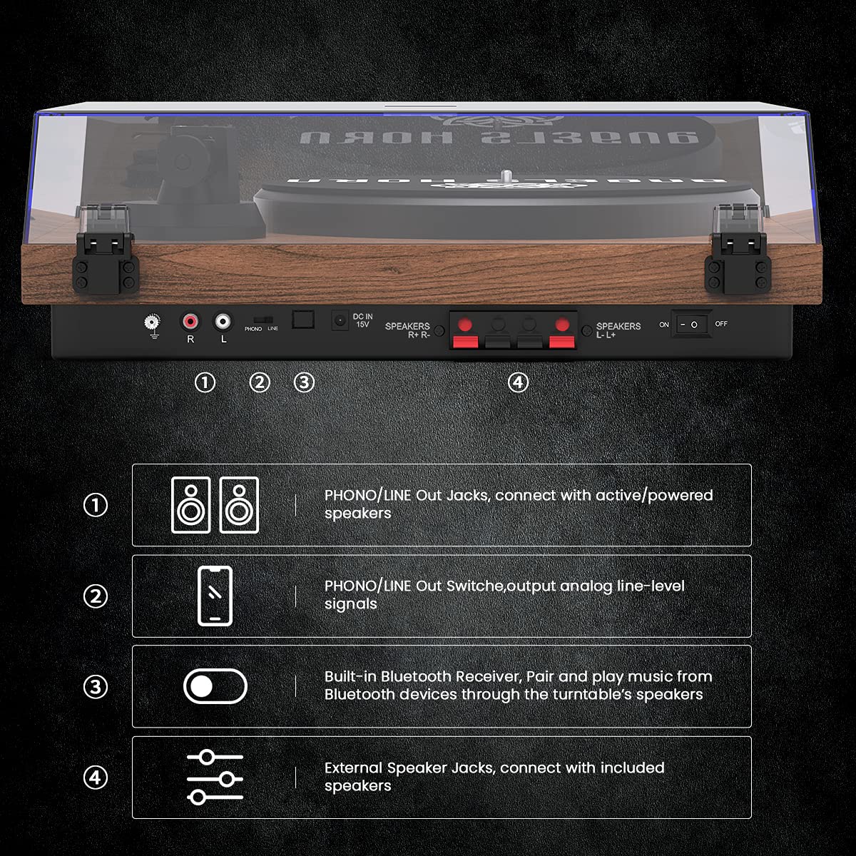 ANGELS HORN Vinyl Record Player, HiFi System Bluetooth Turntable