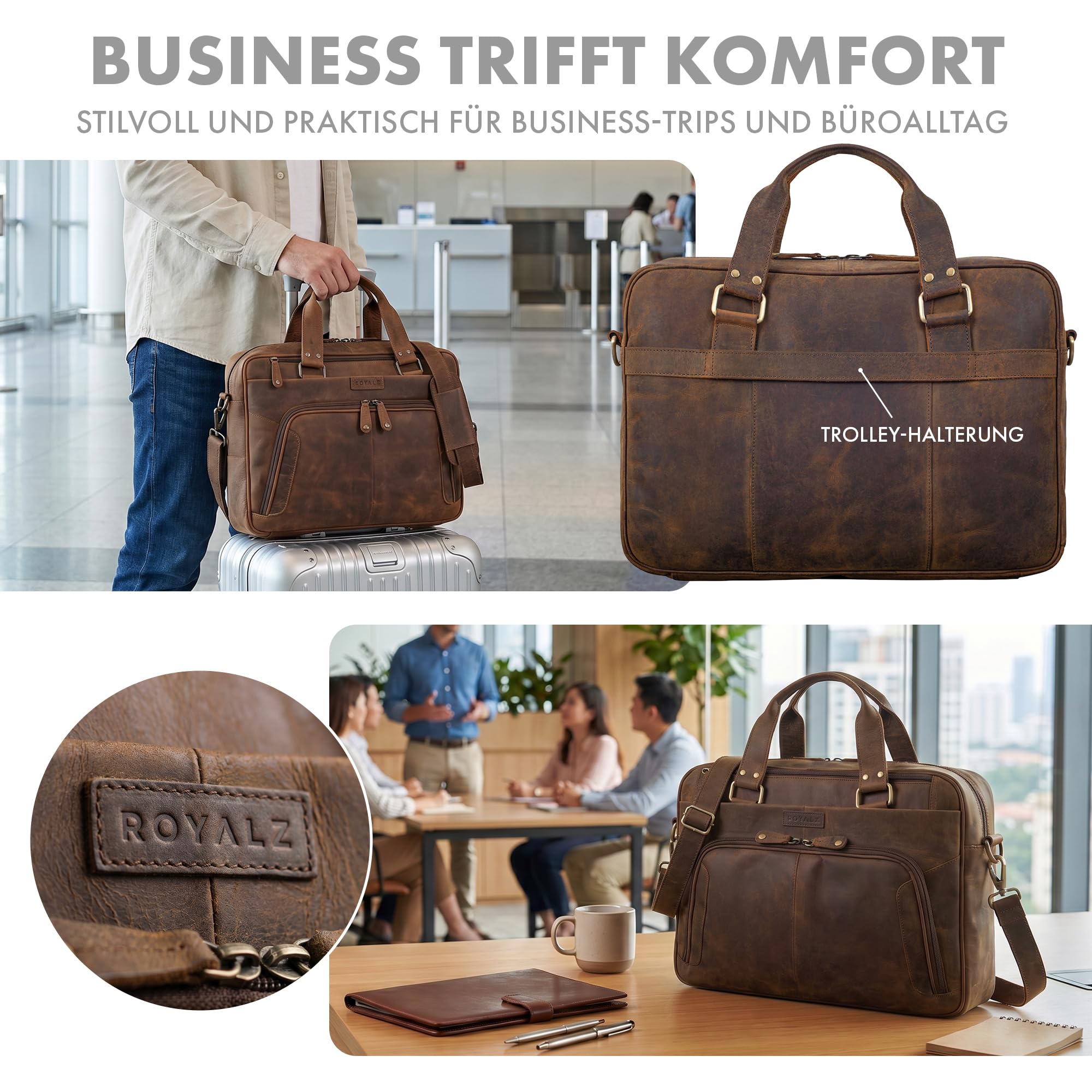 ROYALZ "Chicago Leder Umhängetasche Herren Laptoptasche 15.6 Zoll Messenger Bag Ledertasche groß Aktentasche Vintage Businesstasche für Männer Echtleder;Farbe:Schwarz