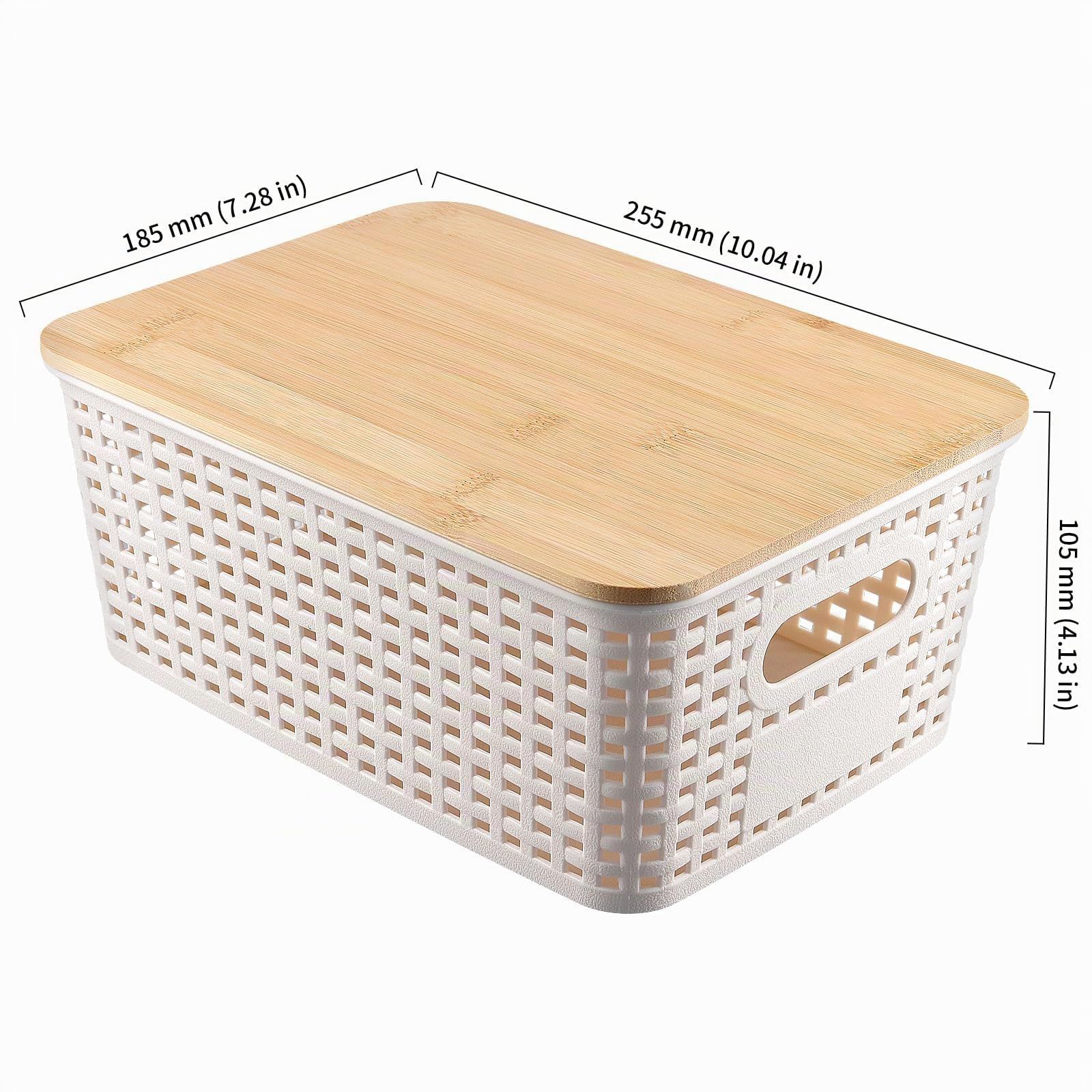 Set di 6 Scatole Portaoggetti in Plastica con Coperchio in Bambù, Contenitori Impilabili Salvaspazio per Armadio, Bagno, Cucina e Ufficio, 25 x 18 x 10 cm, Bianco