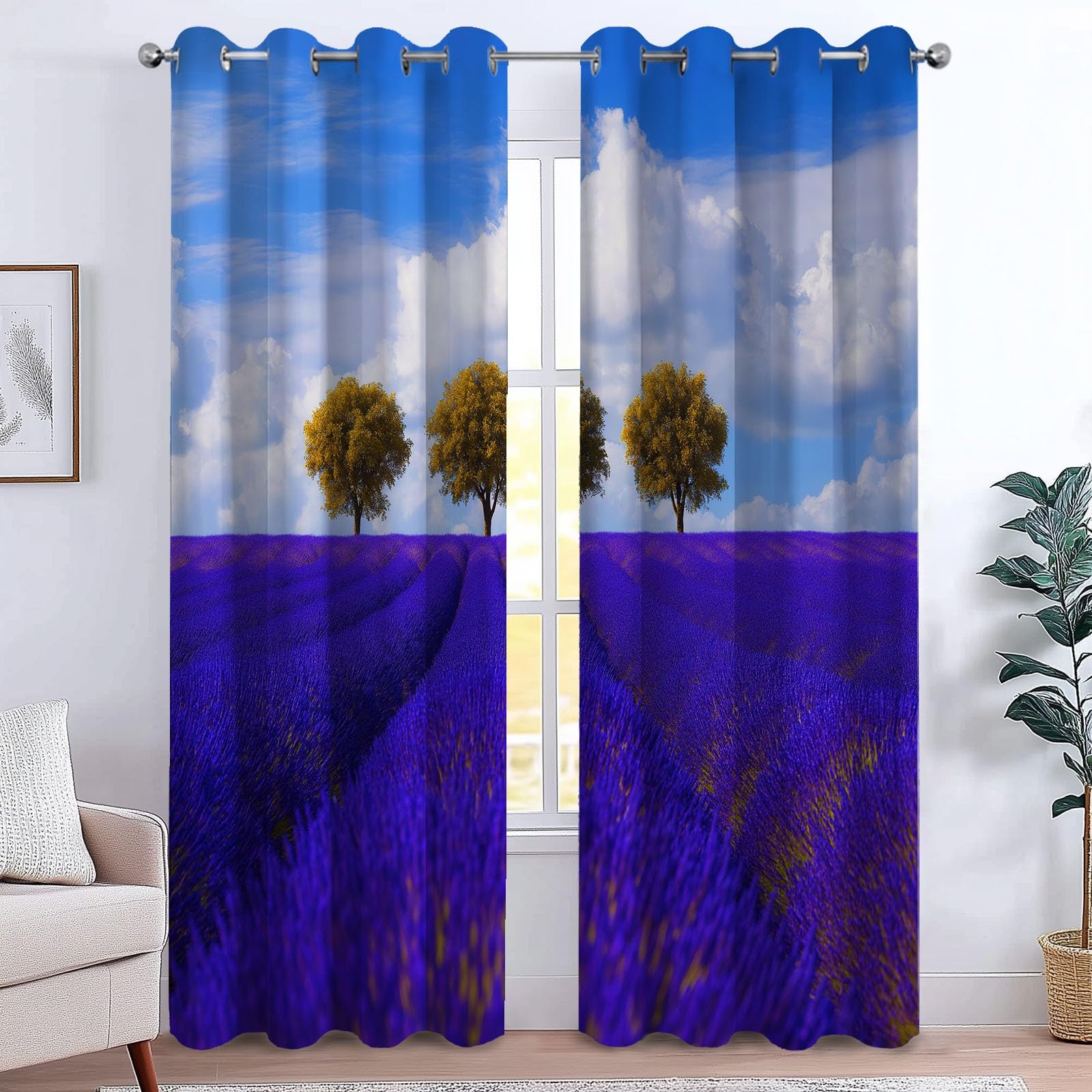 Generisch Lavendelfelder 2er Set Verdunkelungsvorhänge mit Ösen, Naturlandschaft Blickdicht Thermo Isoliert Vorhänge für Wohnzimmer & Schlafzimmer, HxB 215 x 110 cm