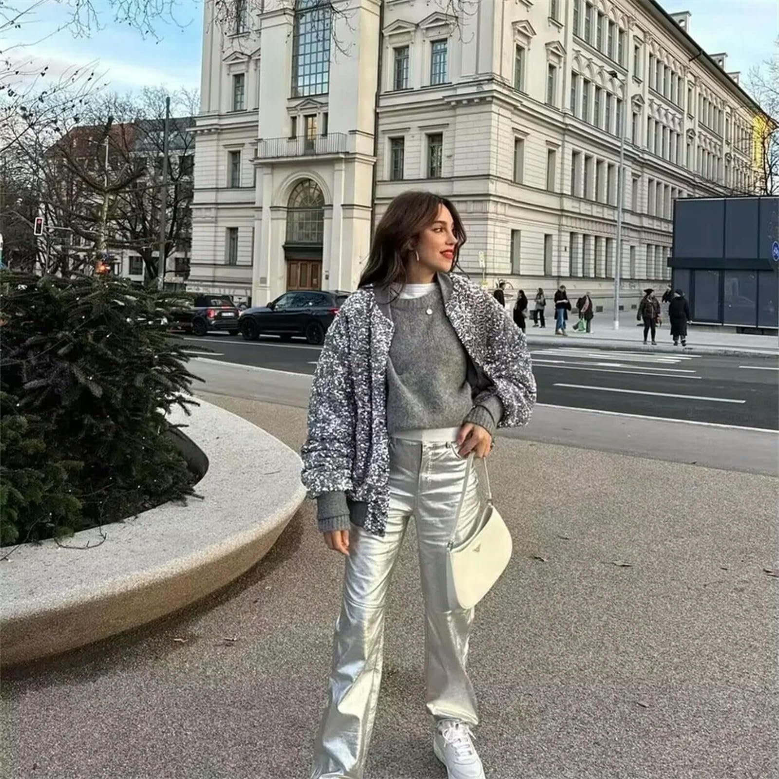 Cappotto da Giacca con Decorazione Versatile con Perline sciolte, Nuova Moda Primavera/Estate da Donna-Grigio Argento-S