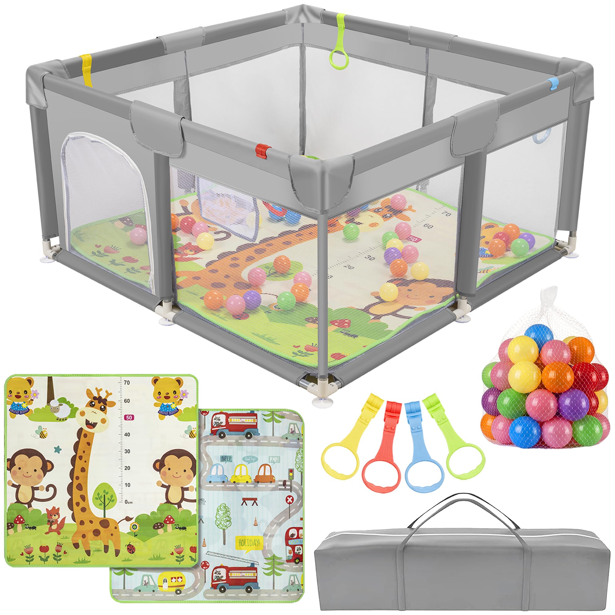 Baby-Laufstall 120 x 120 cm + Baby-Teppich + 50 Bälle + Transporttaschen – Baby-Laufstall mit atmungsaktivem Netz – Lustiger Spielplatz für Babys – Grau