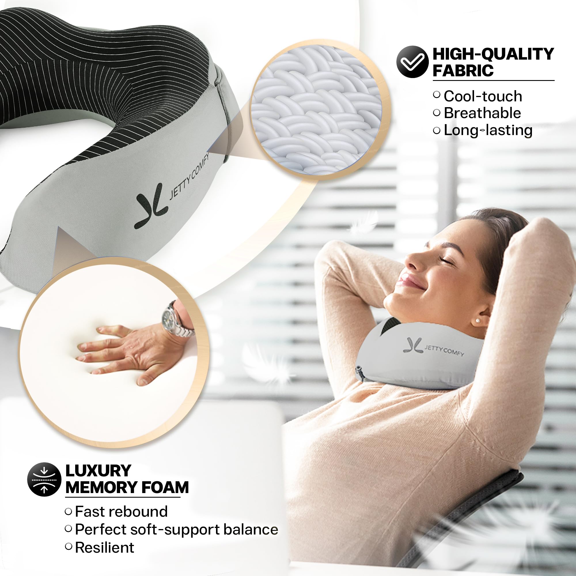 JETTY COMFY Premium Memory Foam Travel Neck Pillow with Hood and Face Cover for Privacy - Ergonomic Design for Sleeping on Plane, Bus, Train, Office (Gray)