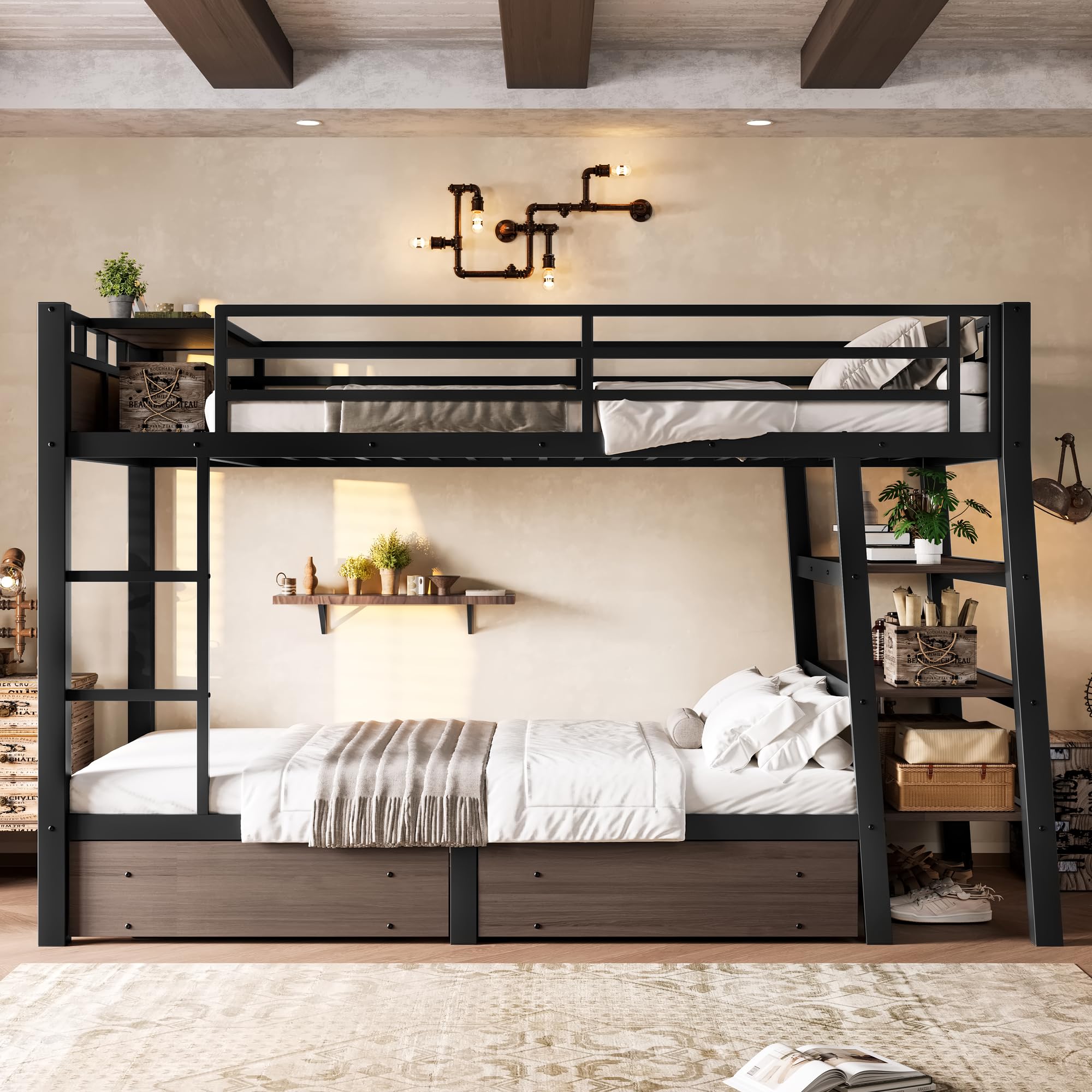 KEIKI Twin Bunk Bed with Storage Drawers & Shelves, Heavy Duty Metal Bed Frame Twin-Size, Space-Saving Beds Frames for Teens, Outlet USB Ports, Safety Guardrail & Ladder, No Box Spring Needed, Black