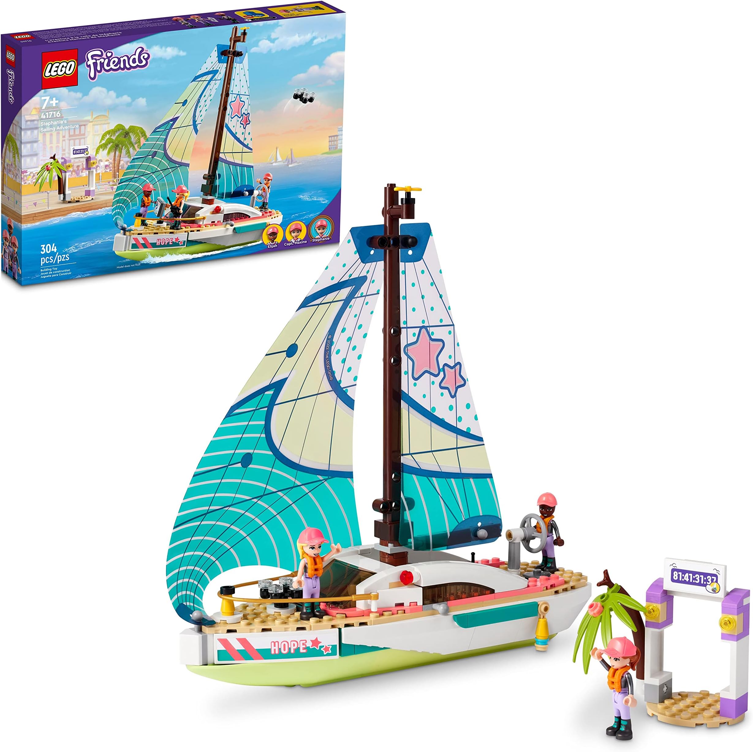 Friends Stephanie's Sailing Adventure Toy Boat Set 41716, Sailboat Building Toy with Island, Drone, and 3 Mini Figures, Creative Sailing Gift for Kids, Girls, Boys Age 7+ Years Old