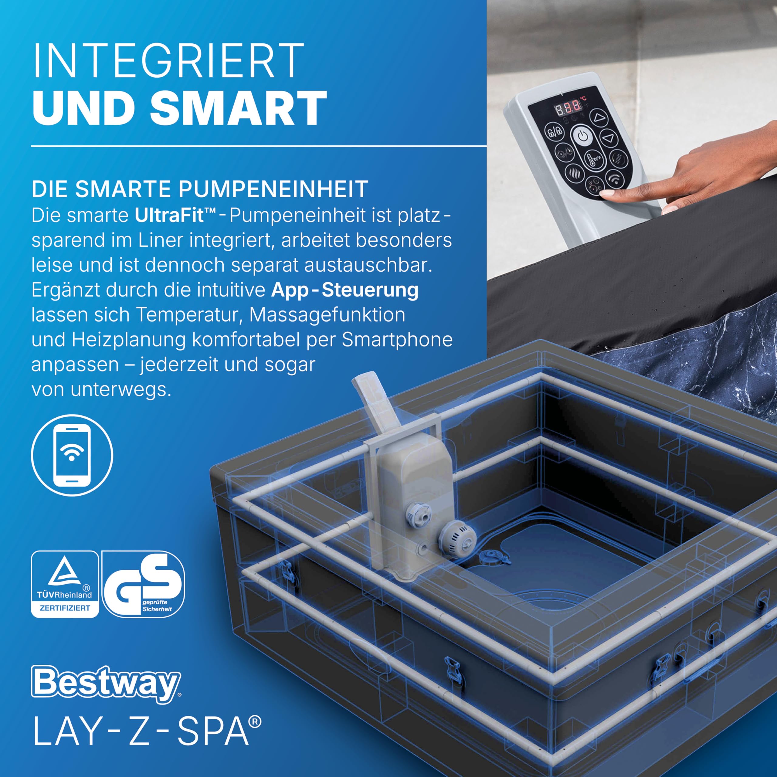 Bestway Lay-Z-SPA Stockholm AirJet Energiespar-Whirlpool 164x164 cm – Smarter Pool für 6 Personen mit App-Steuerung, 40°C Heizung, ThermaCore Isolierung & 140 Massagedüsen, Winterfest & Schwarz
