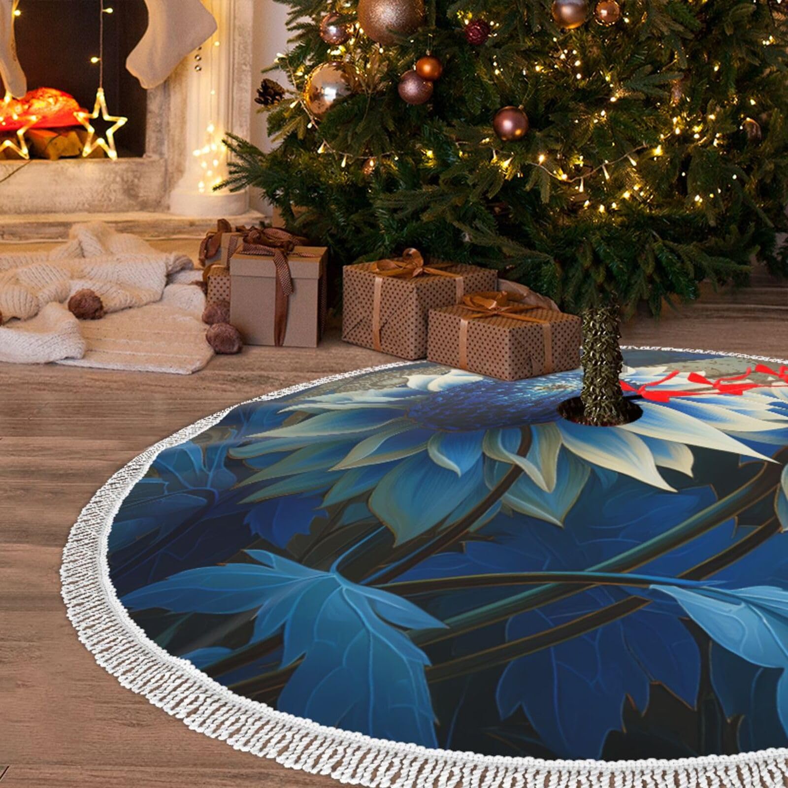 Jupe de sapin de Noël 121,9 cm cache-pied peluche blanc fleurs bleues et pompons