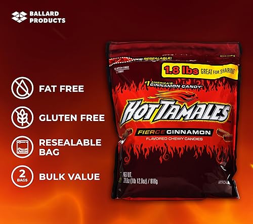 Miniatura 2 de Hot Tamales - Paquete de 2 bolsas de caramelos masticables de canela  1.8 libras cada una  Paquete de dulces a granel de canela picante  Paquete con