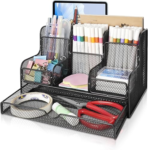 Organizador de escritorio de malla negra y accesorios con 7 compartimentos, accesorios de escritorio multifuncionales de malla, organizadores de