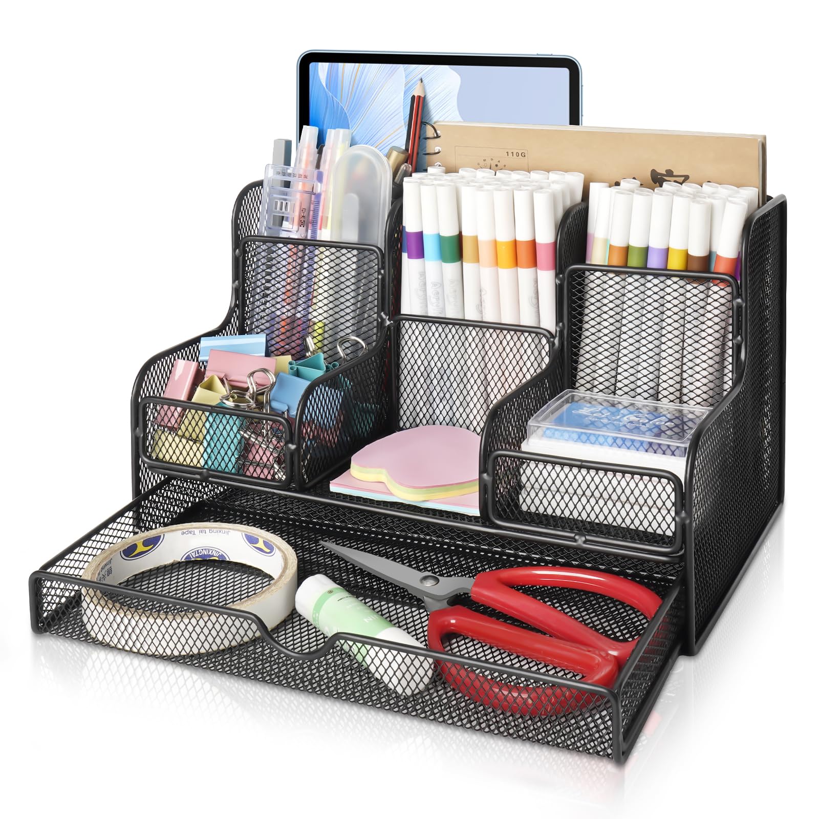 Schreibtisch Organizer, Stiftehalter Schreibtisch Organizer aus Netzstoff und Zubehör mit 7 Fächern, schwarzes Netz, multifunktionales Schreibtischzubehör, Bürobedarf für Zuhause, Büro