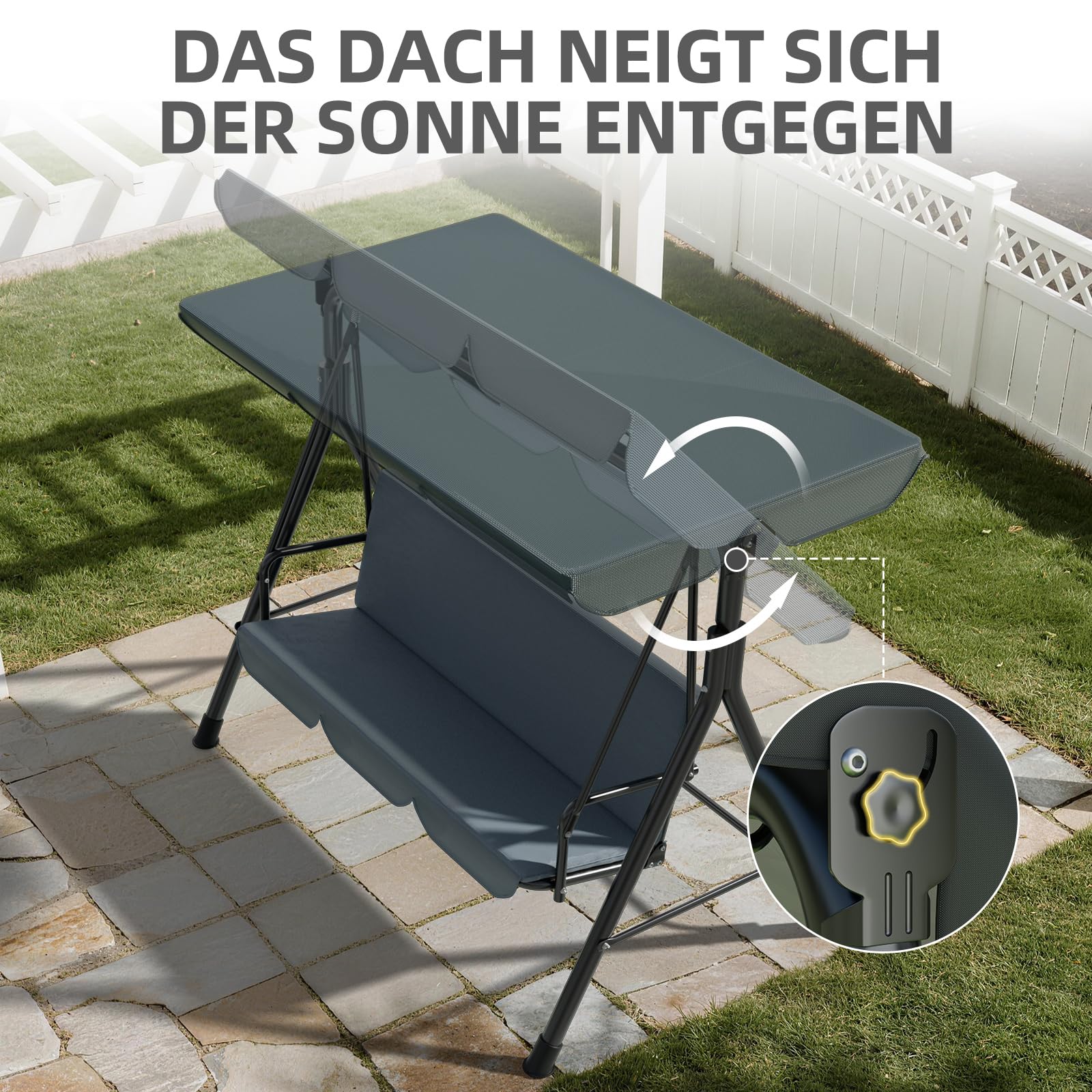 Soontrans Hollywoodschaukel 3-Sitzer für Entspannte Nachmittag im Garten, Gartenschaukel mit Polsterauflage & Verstellbarem Sonnendach, aus Stahlgestell & Textilene-Gewebe (193 x 110 x 152 cm, Grau)