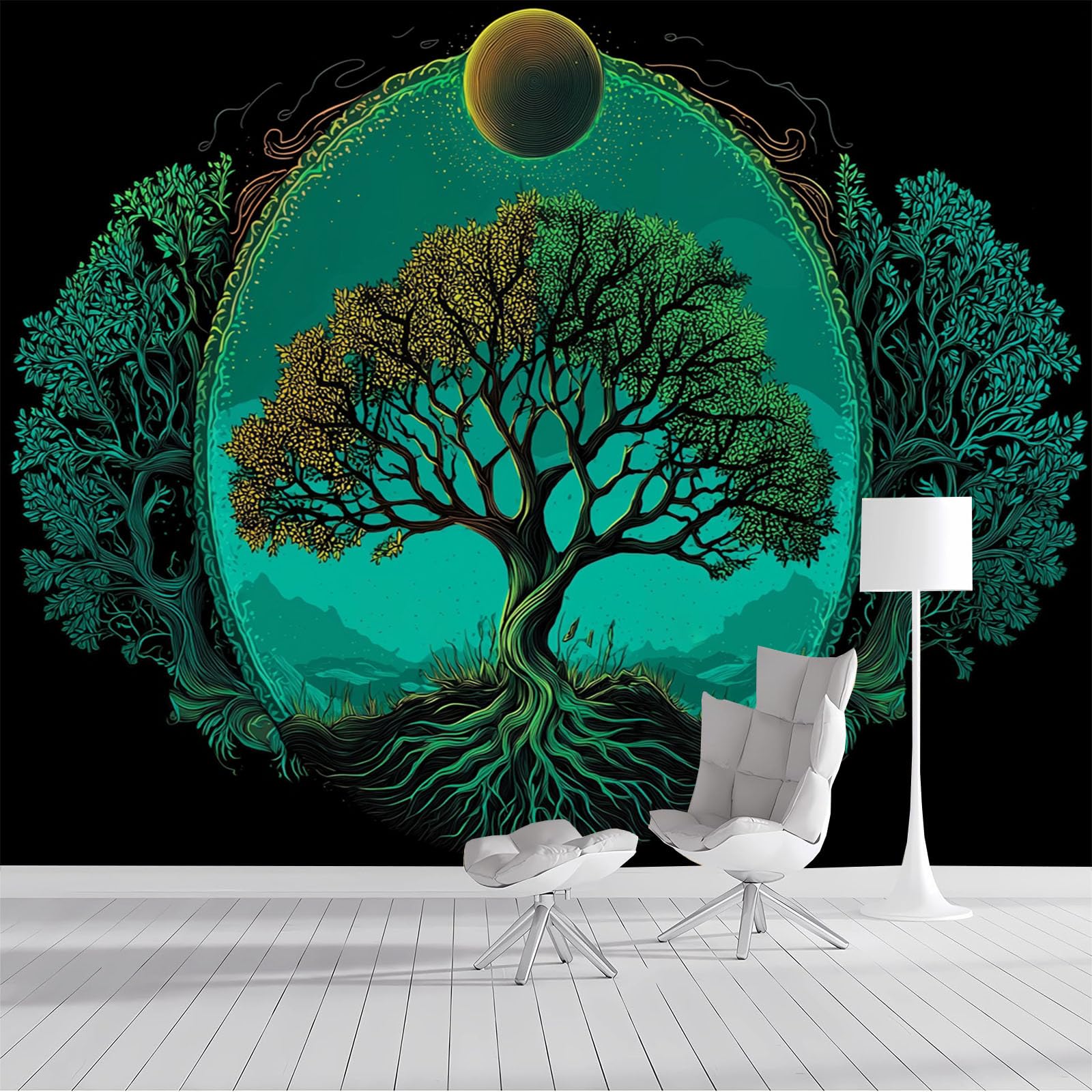 Papier peint panoramique arbre de vie turquoise 250x175cm pour décoration murale de salon