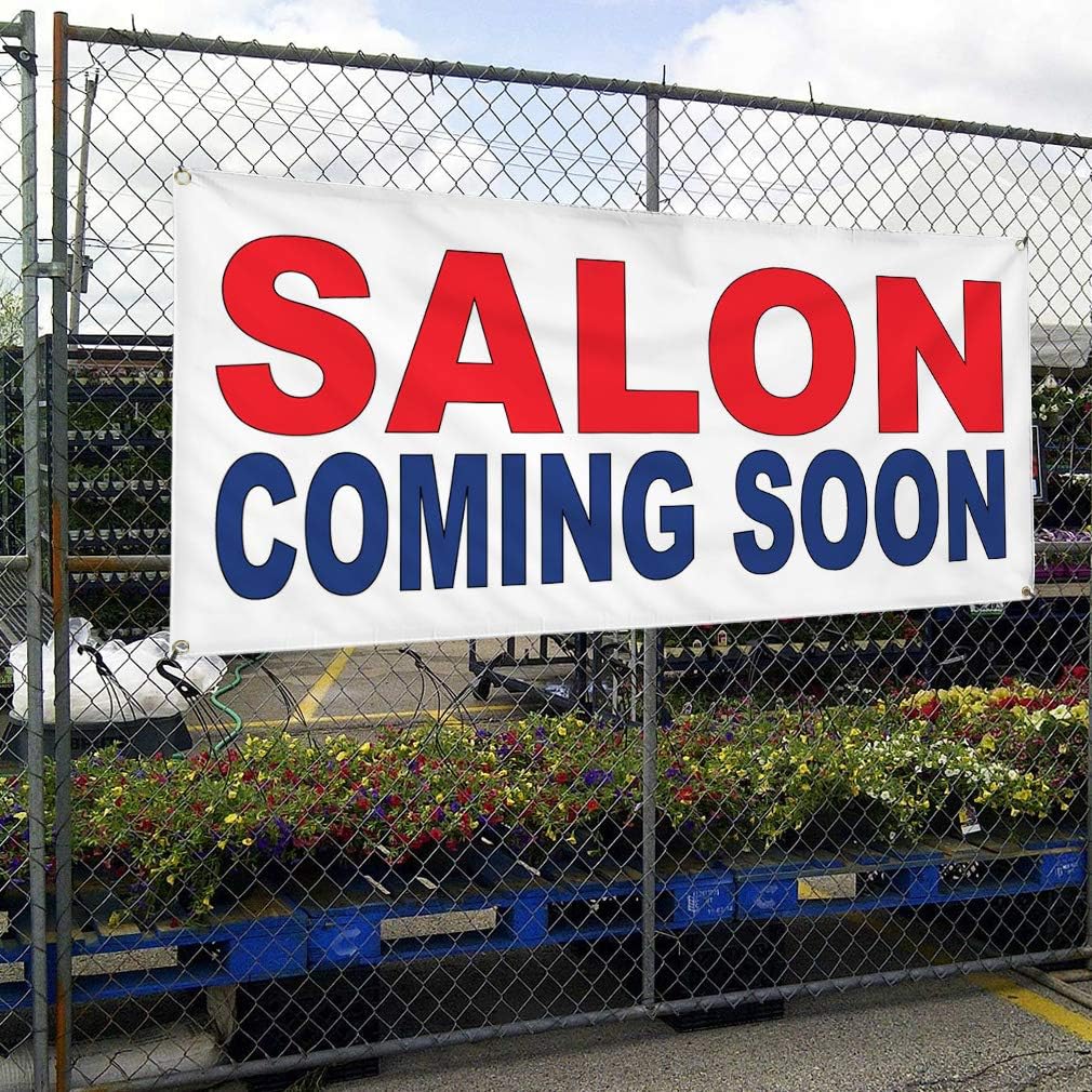 Vinyl Banner Multiple Sizes Salon Coming Soon Red Blue Business Outdoor Weatherproof Industrial Yard Signs 4 Grommets 16x40Inches