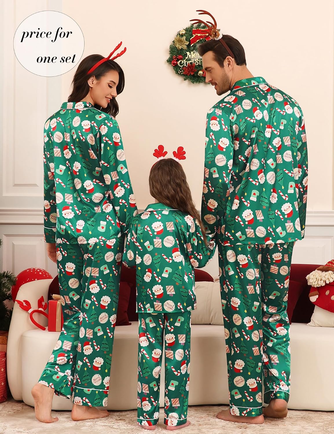 SWOMOG Matching Family Pajamas Set Women & Men & Kids Silk Satin Pjs 2 Pcs Long Sleeve Button Down Sleepwear with 2 Pockets(Kids, Christmas Pattern, 120(Age for 6-7Y))
