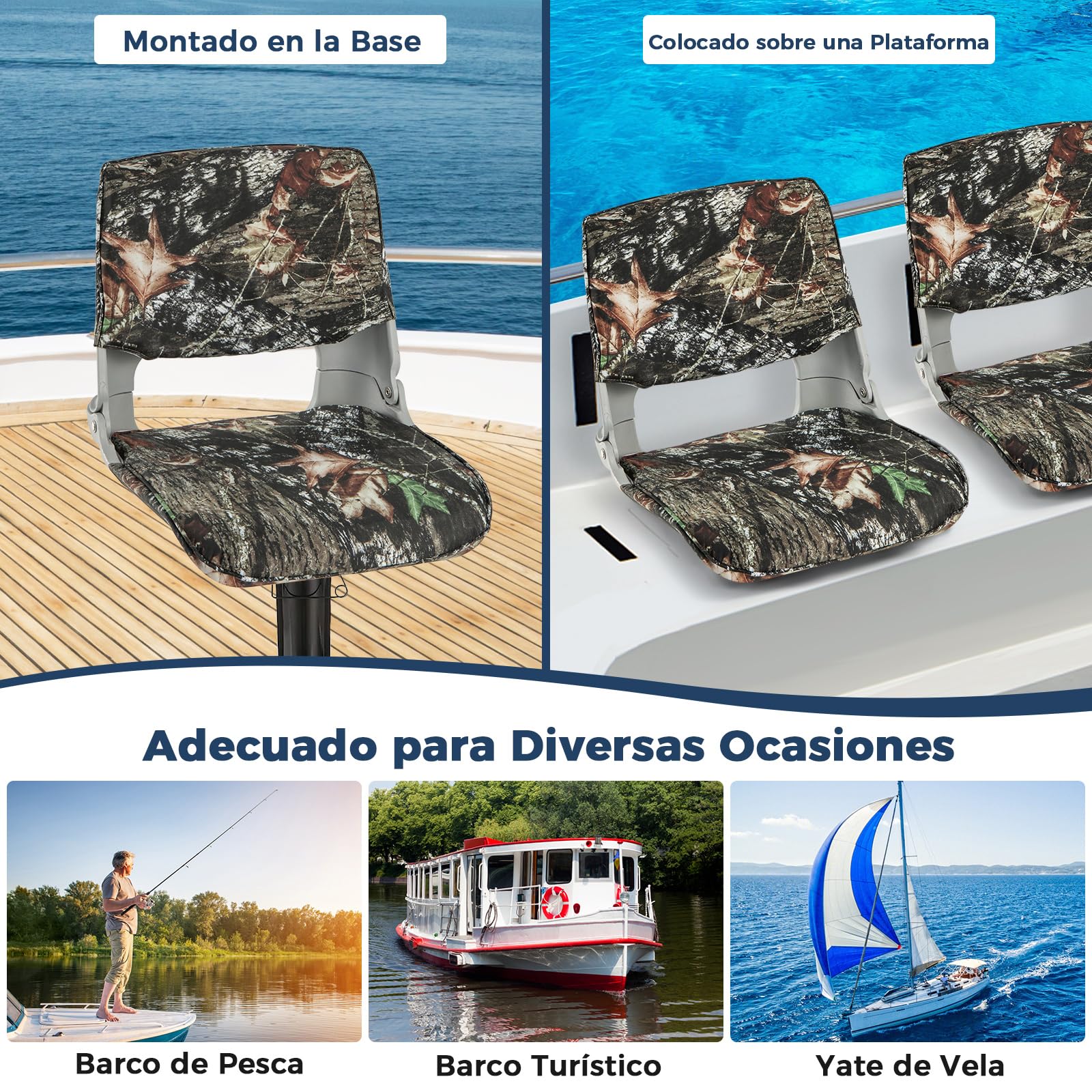 COSTWAY Asiento Barco Plegable, Sillas para Barco con Respaldo Bajo, Acolchado de Esponja Gruesa, Asiento Yate Impermeable, Canoa, Camuflaje