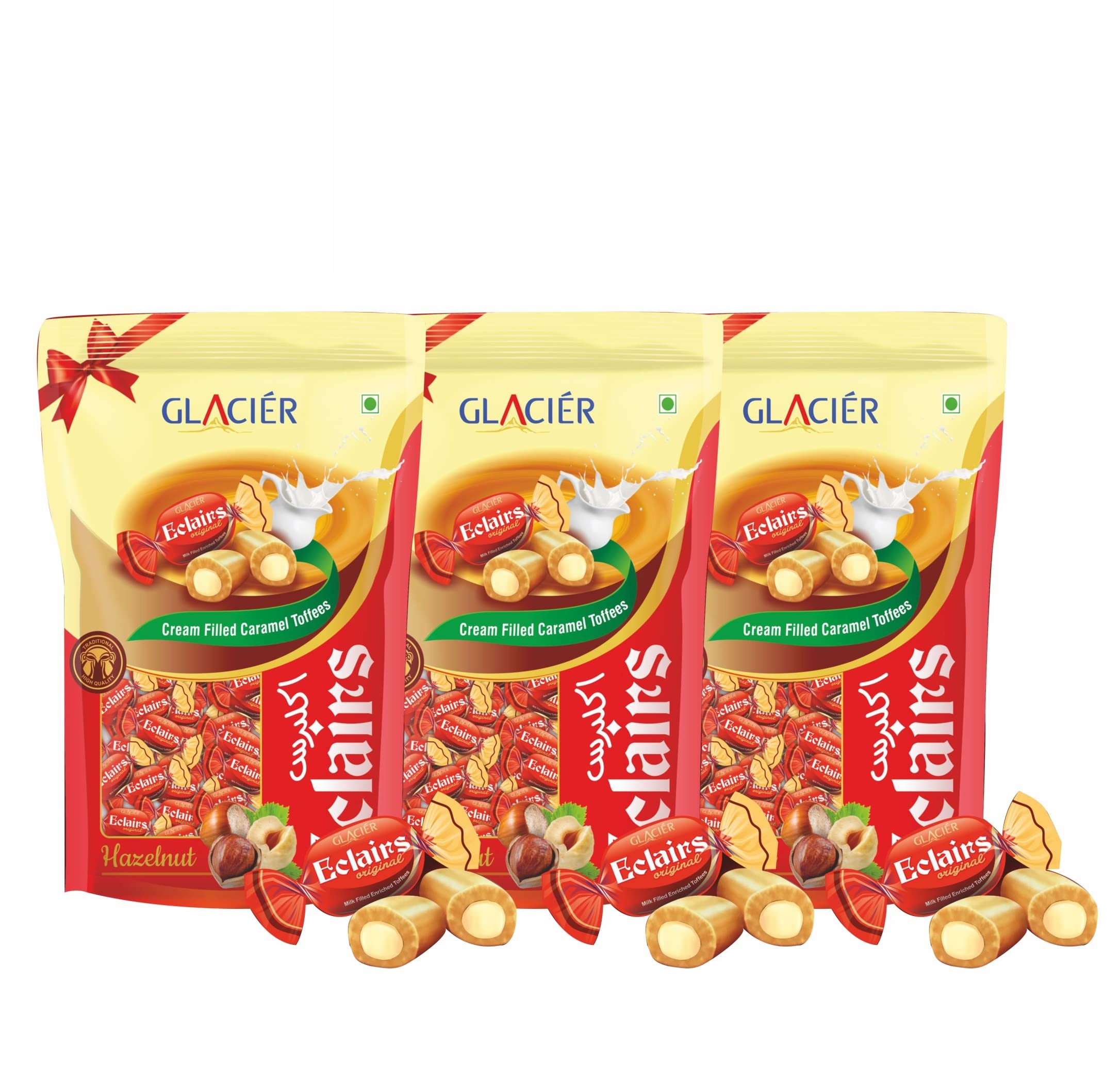 Glacier Hazelnut Eclairs Original Toffee/Cream Filled Caramel Toffees/Birthday Party Gift Chocolate/With Hazelnut Flavour/Dark Chocolate/Pack of 3 (300Gm/Pack) (50 Pcs in Each Pack)