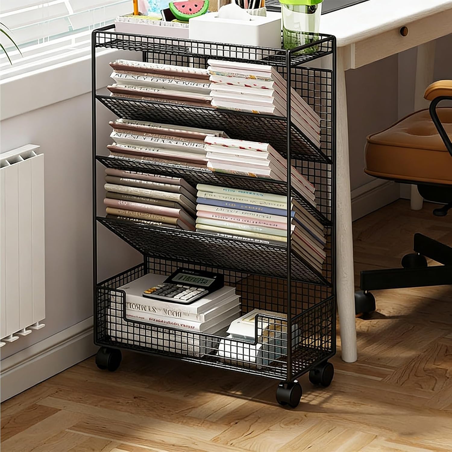 5 Tier Rolling Library Book Cart, Metal Mobile Bookshelf with Wheels, No Installation Required, Slanted Shelf, Large Open Bottom, Office Paper Organizer for Home Office(Black)
