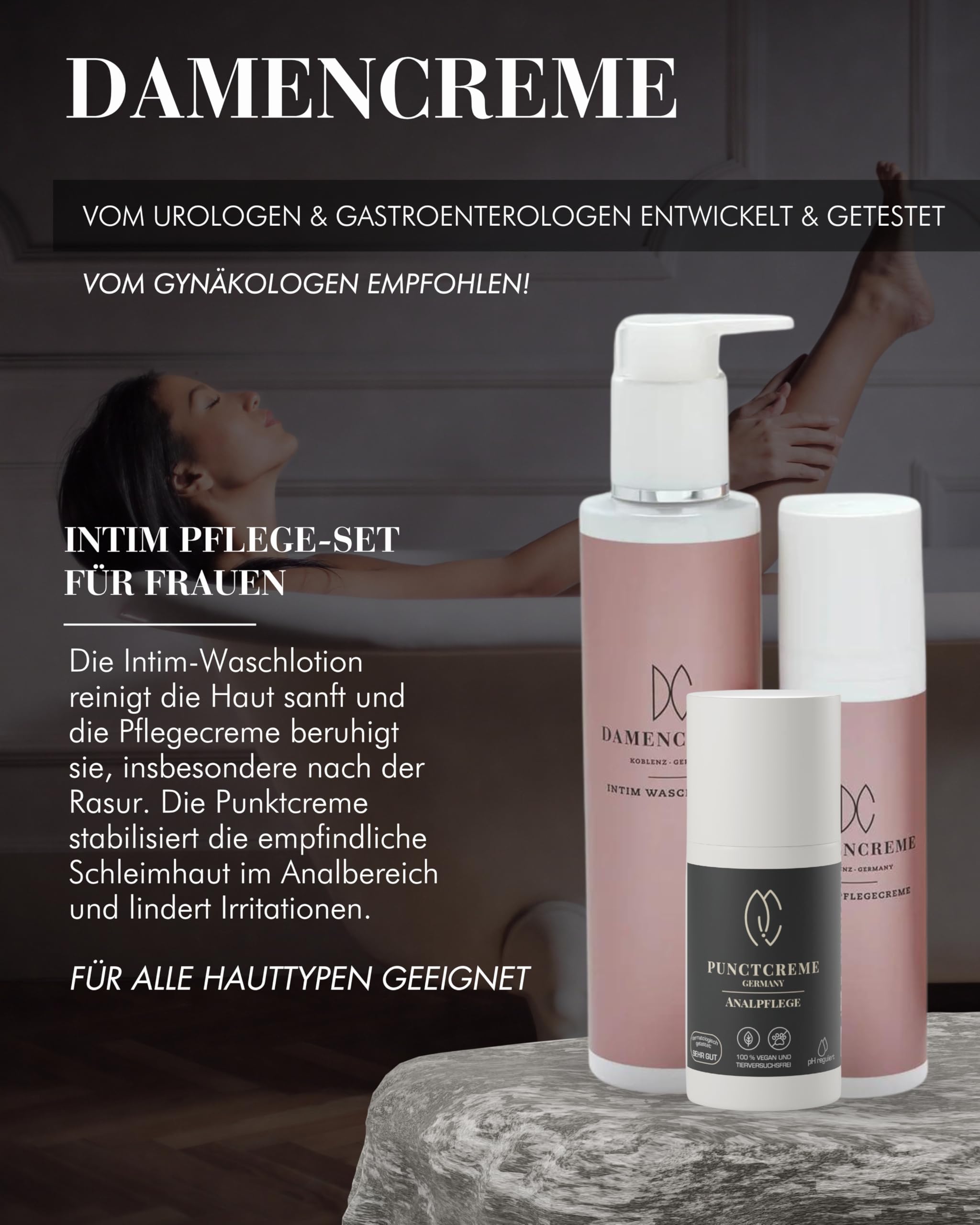 DAMENCREME Intim Pflege Set für Frauen I Intim Pflegecreme 75 ml, Duschgel 200 ml & Punctcreme 30 ml I Sanfte Reinigung I Vom Gynäkologen empfohlen I Dermatologisch getestet