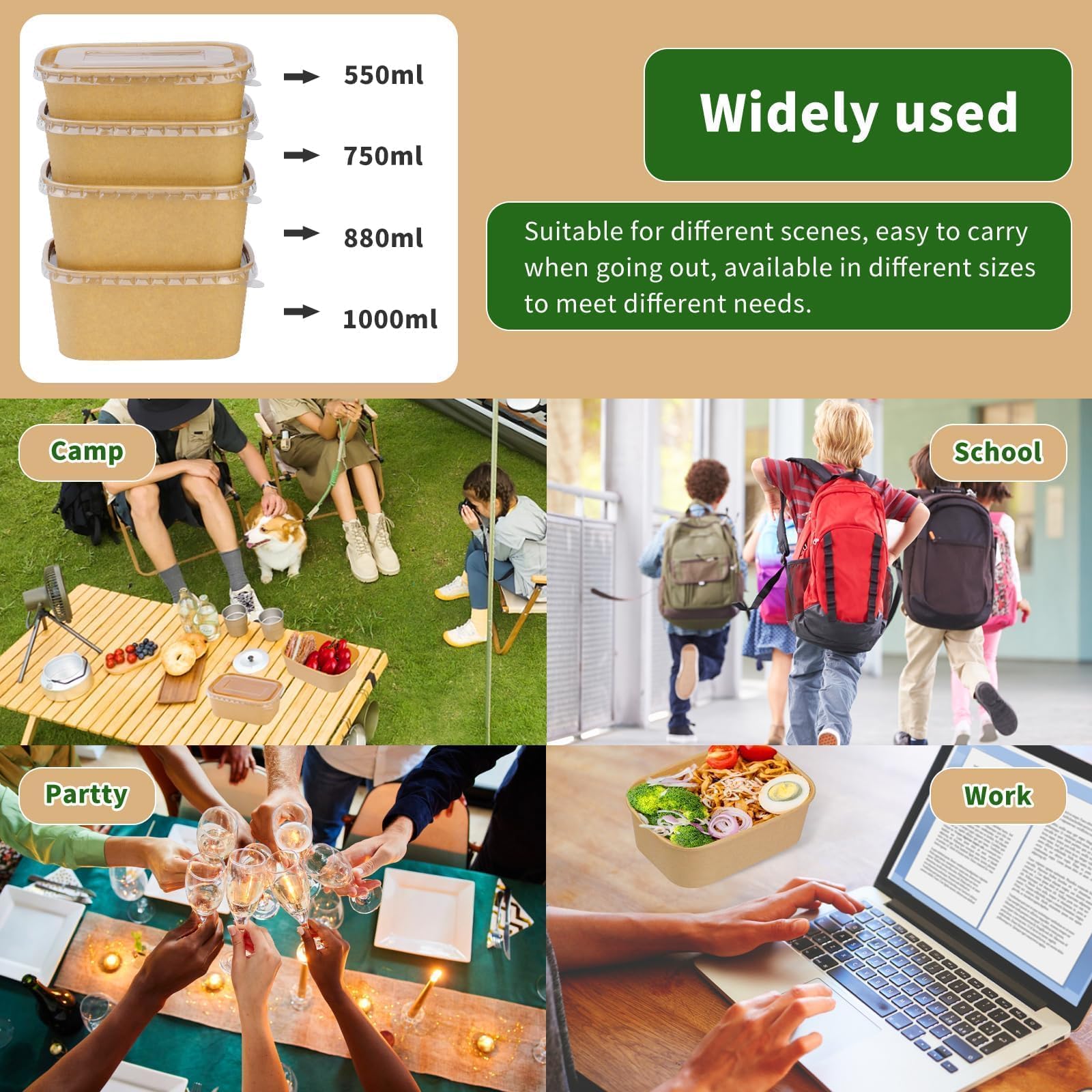 Paquete de 50 cuencos de papel de 25 onzas, recipientes desechables para alimentos con tapas, cuencos desechables rectangulares con tapas, cuencos de ensalada desechables con tapas para