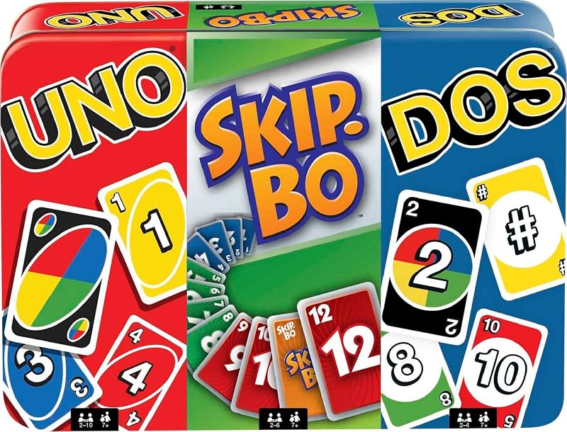 Set of 3 Games with UNO, Skip-Bo & DOS, Travel Games for Kids & Family Night with Storage Tin Box