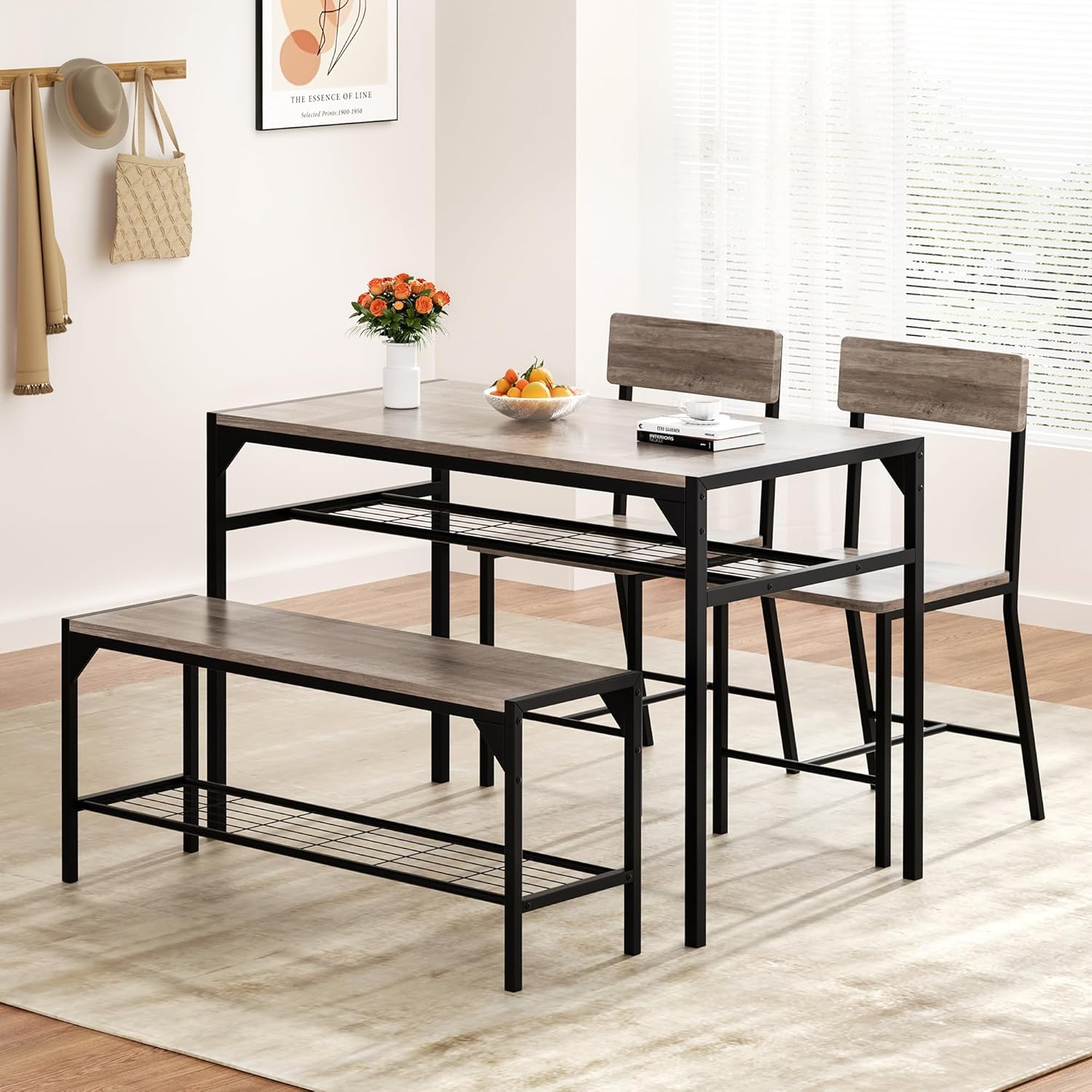 Shintenchi Kitchen Table Chairs Set of 4, Dining Table Set for 4 with Bench and Chairs, 4 Pieces Kitchen Table Set with Storage Rack & Metal Frame for Small Space, Gray Grey image 2 of 7 B0F8HWL67H