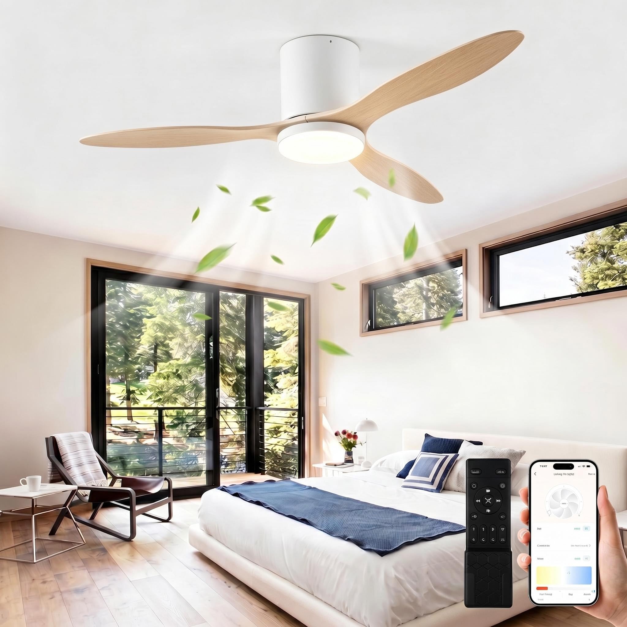 Panana LED Ceiling Fan with Light, 50CM Color Changing Bedroom Fan Light, Remote & APP &Wall Switch Control,6 Speed Reversible Quiet Ceiling Fan Light for Living Room (Wood, 132CM)
