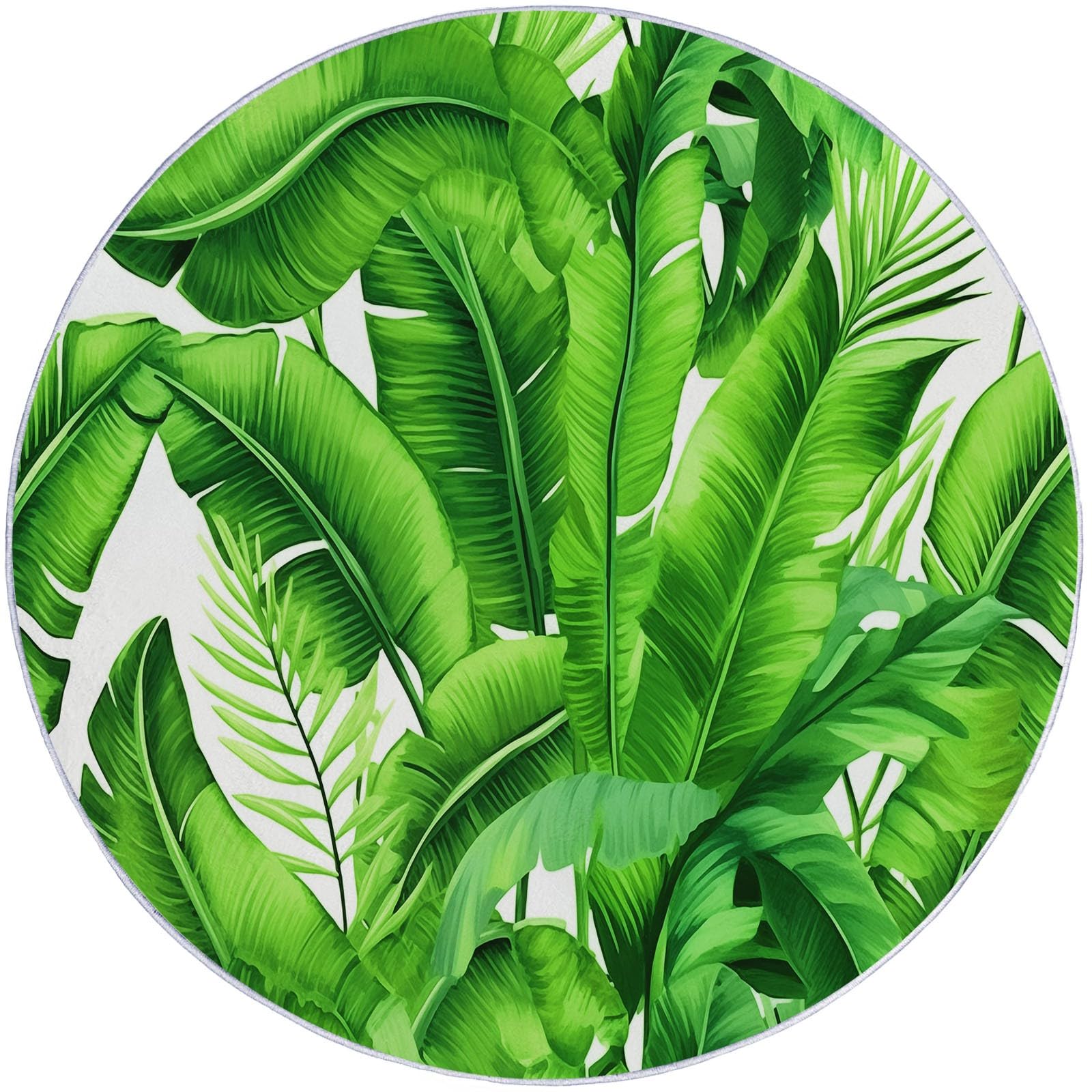 Tapis rond à poils courts doux motif palmier vert lavable avec isolation phonique 100cm