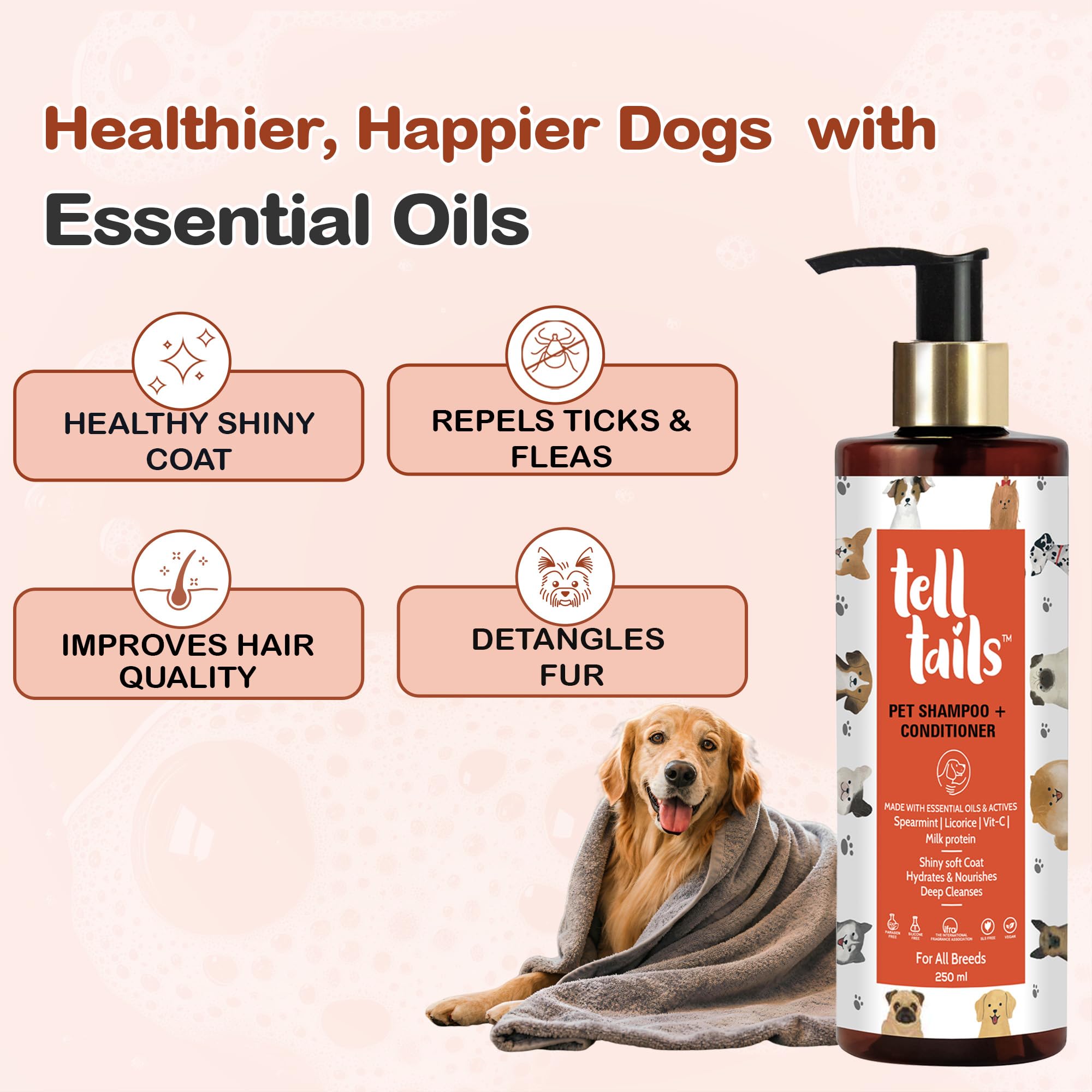 Tell Tails 2 in 1 Shampoo and Conditioner | Deep Cleanses & Conditions | Hydrates, Detangles & Freshens Coat | Spearmint, Licorice, Vitamin C & Milk Protein | Removes Odor & Dirt | All Breeds | 250ml