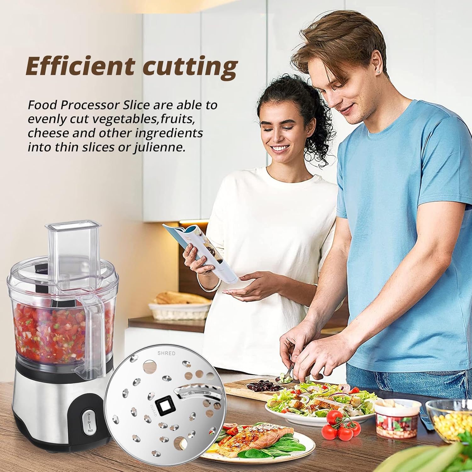 SuperDi Food Processor Slice/Shred Disc Blade in use, showing efficient cutting of vegetables