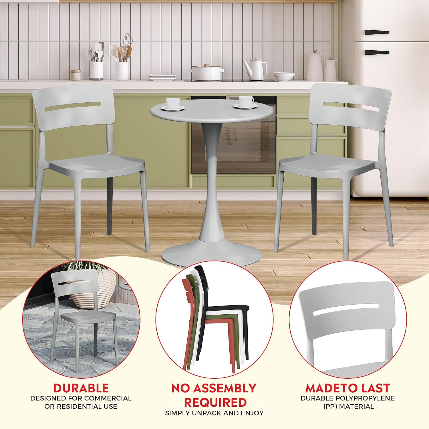 Costaelm Dining Room Chairs Set of 2, Stackable Balcony Chairs Set of 2, Modern Outdoor Seating Furniture Front Porch Lawn Balcony Yard Dining Side Chair for Kitchen Restaurant, Gray