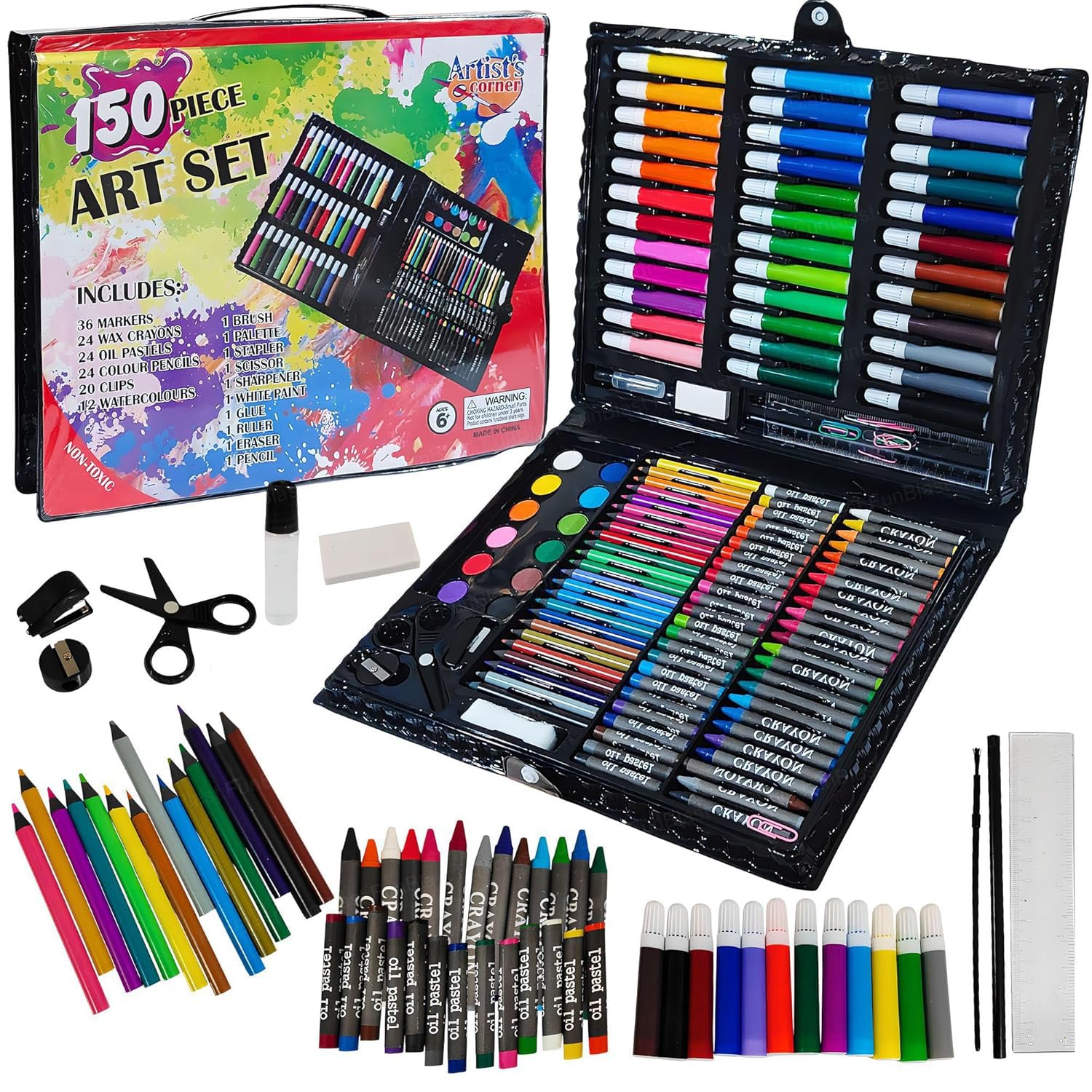 FunBlast Art Set for Kids – 150 Pieces Complete Drawing & Coloring Kit with Crayons, Oil Pastels, Color Pencils, Watercolors, Sketch Pens & Accessories, Art & Craft Supplies Kit for Drawing, Painting-image-6