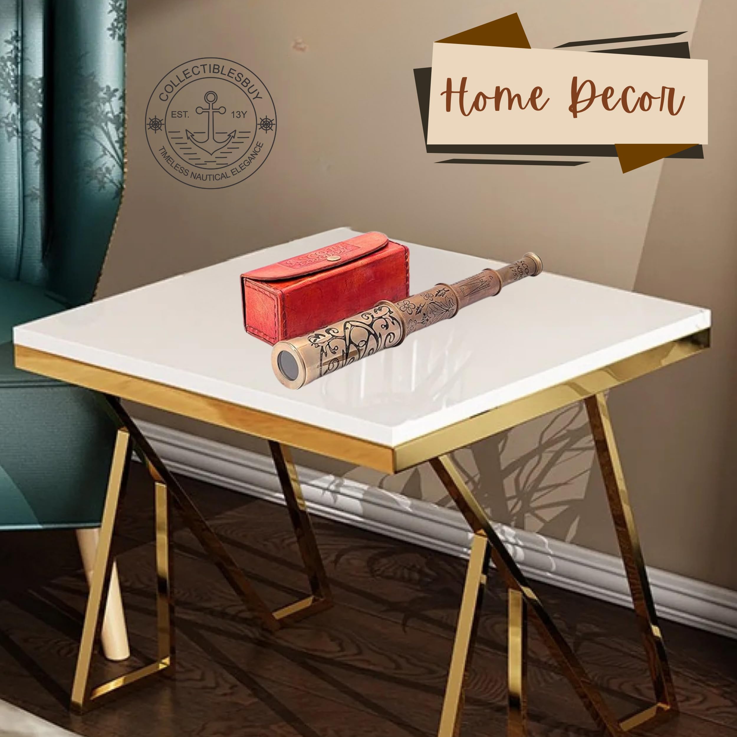 Telescopio de mano de latón retro hecho a mano con caja de cuero, accesorio de película de cristal espía pirata vintage para oficina, decoración de mesa y coleccionistas | Alcance náutico de estilo 4