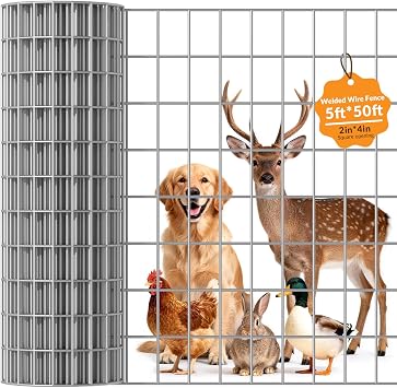 Welded Wire Fence 2x 4 5ft x 50 ft,Vinyl Coated Welded Wire Mesh Roll,16GA Heavy Duty Galvanized Chicken Wire Fencing, Hardware Cloth for Yard Vegetable Protection Goat & Poultry Netting