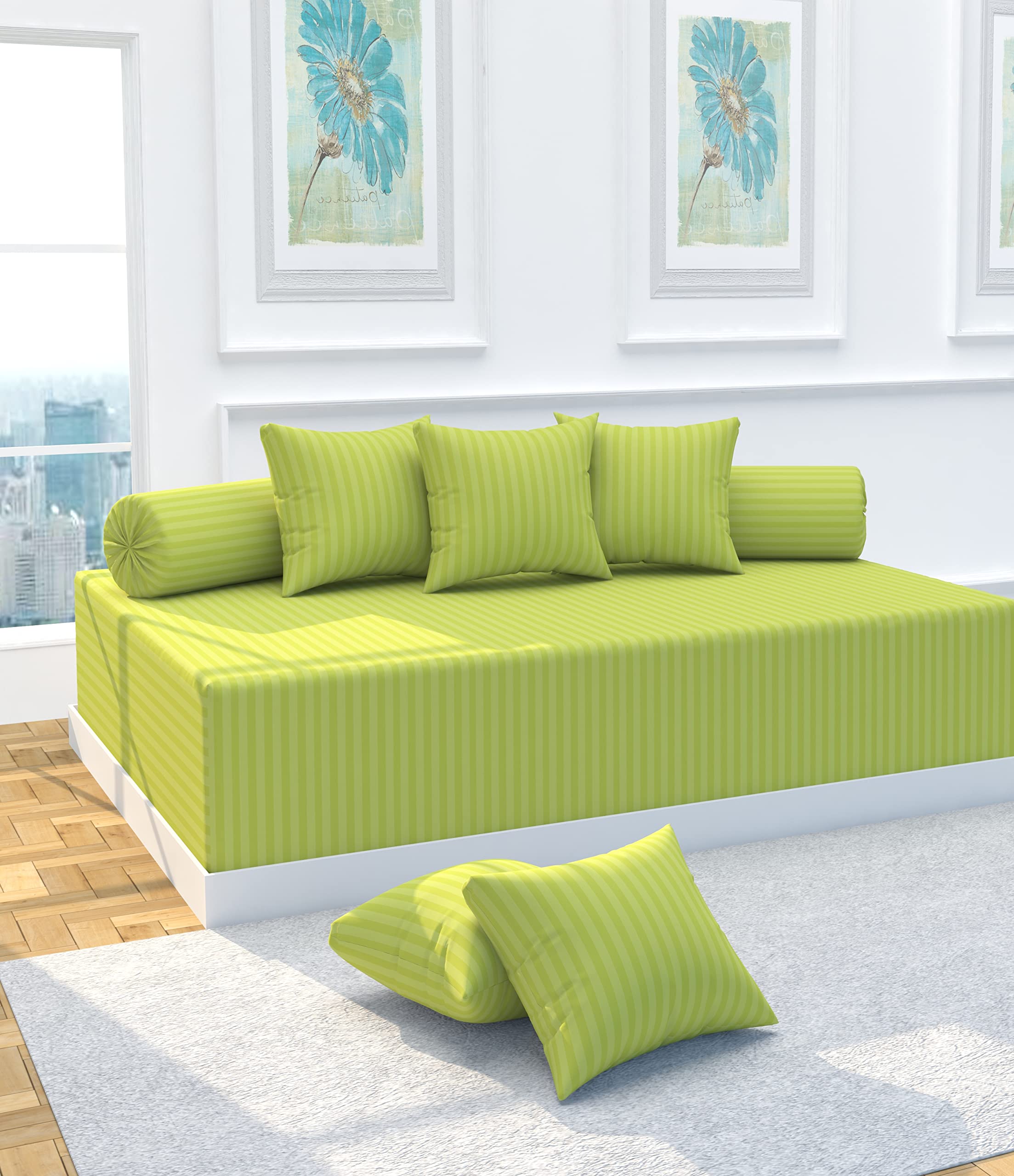 VOMZER Glace Cotton Solid & Striped 8 Pieces Diwan Set with Single bedsheet, 5 Cushions Covers and 2 Bolster Covers (Neon Stripe)-image-19
