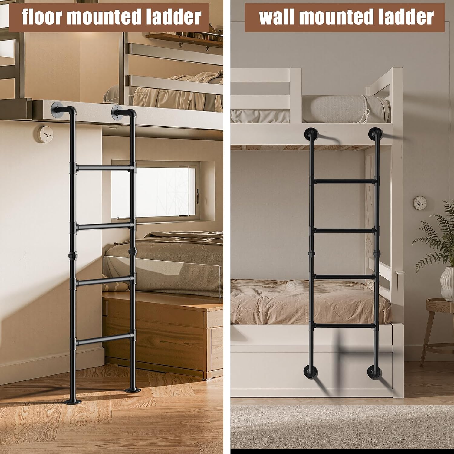 4.8ft Bunk Bed Ladder,Black Metal Floor Mounted Floor Ladders，Wrought Iron Step Ladder Loads 355lbs，Loft Stair Adjustable Height Indoor Outdoor Fire Escape Window Ladders,4 Step Ladders,57.5inches