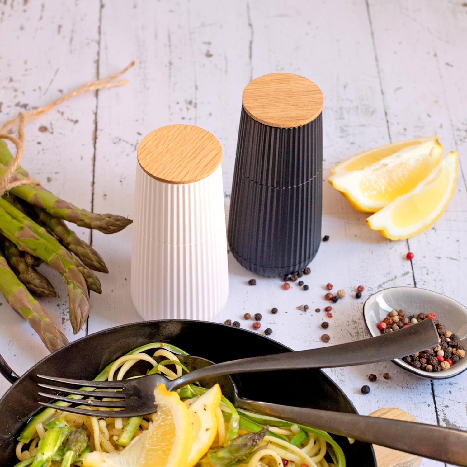 AdHoc Scape Salt & Pepper Mill Set - Salt & Pepper Grinders with Ultra-Sharp Grinding Mechanisms - Refillable Mills & Spice Shakers with Adjustable Grinding - Black & White