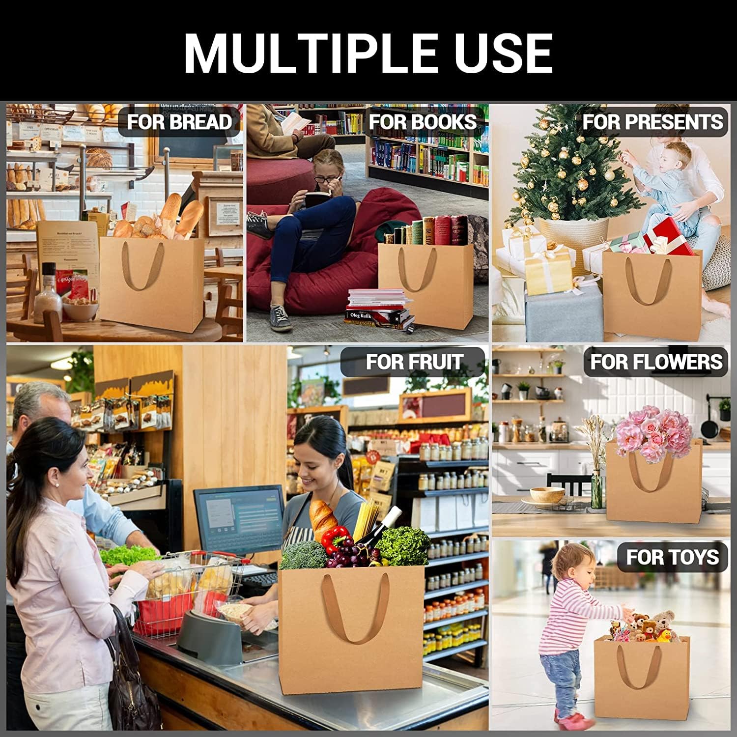 EUSOAR Kraft Paper Handle Bags, Kraft Bags with Handles 3 Sizes Combination 30pcs, Shopping Present Retail Craft Gift Wrap Thank You Bag for Business Wedding Birthday Party- Horizontal Version - Image 5