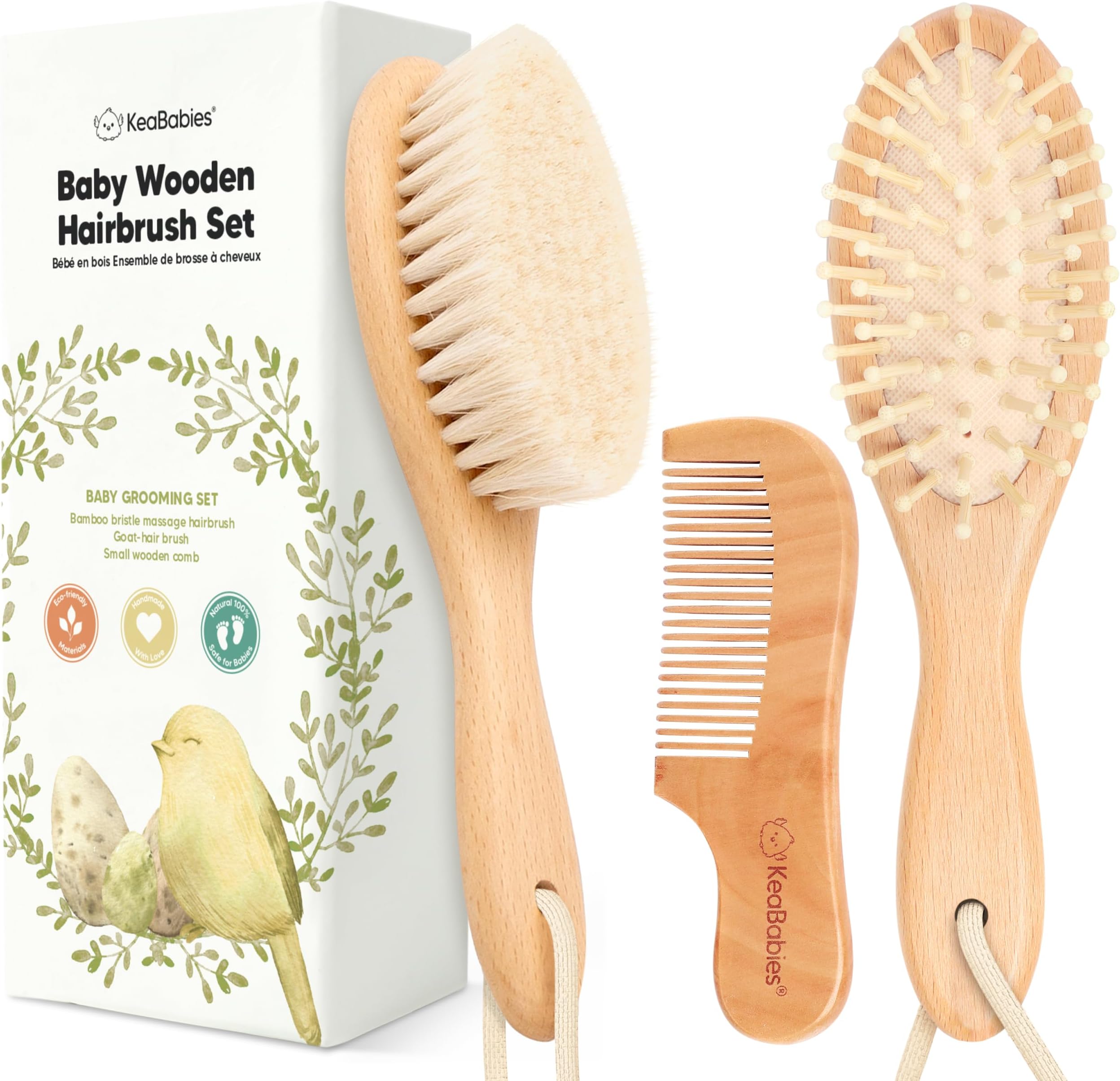 Newborn Baby Hair Brush and Comb Set - Natural Wooden Hair Brush with Soft Goat Bristles for Cradle Cap - Perfect Scalp Grooming Product for Toddlers, Toddlers, Kids - Baby Registry Gift