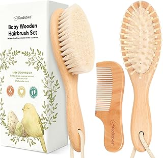 Baby Hair Brush Set for Newborns - Soft Goat Bristle Wooden Baby Brush and Comb Set Newborn Grooming Kit for Cradle Cap, Durable & Gentle, Boy, Girl Infant Essentials Care Kit Brush (Regular, Walnut)