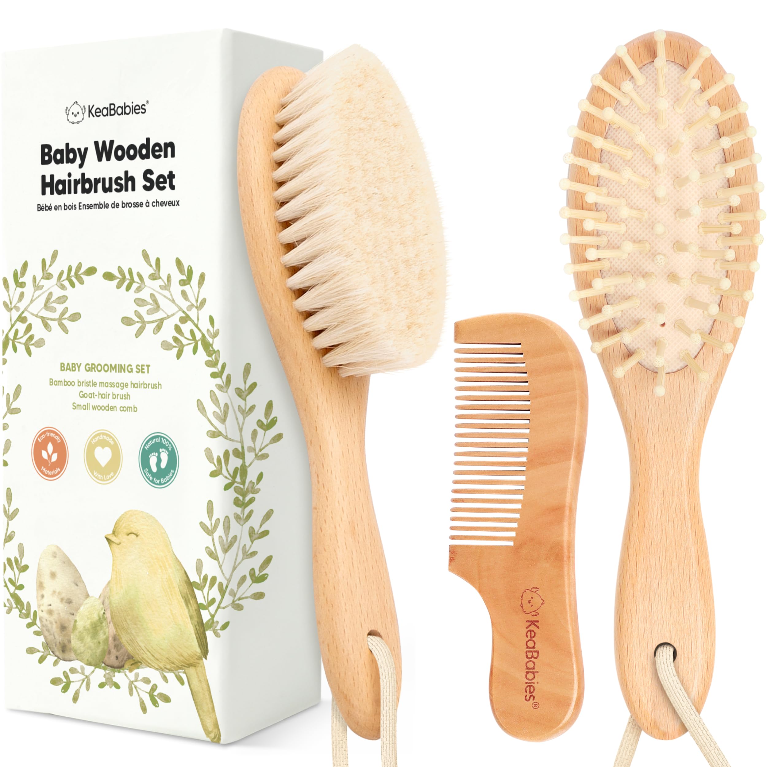 KeaBabies Baby Haarbürsten Set für Neugeborene - Weiche Ziegenborsten-hölzerne Babyhaarbürste und Kammset Neugeborenen-Pflegeset für Cradle Cap, Säuglings-Essentials-Pflegeset (Oval, Walnut)